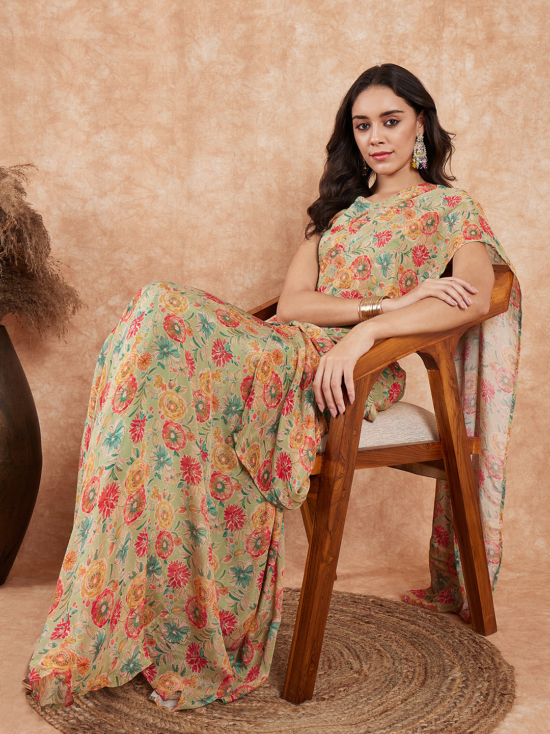 InWeave Women's Pear Green Red Floral Skirt Saree - Swadesiicart