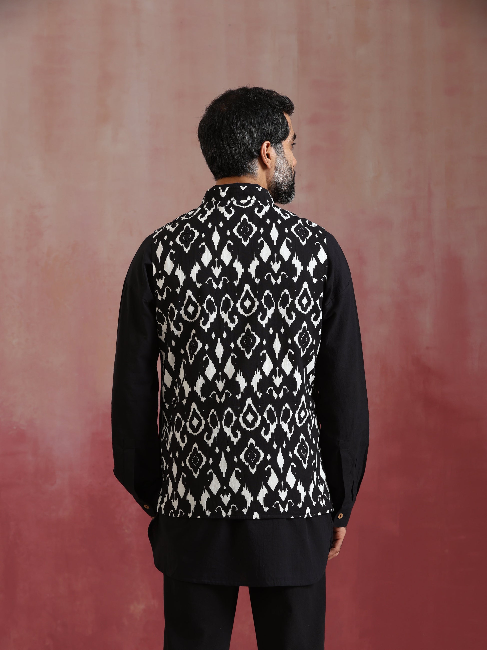 trueBrowns Men's Black Ikat Print Cotton Reversible Nehru Jacket | Swadesiicart