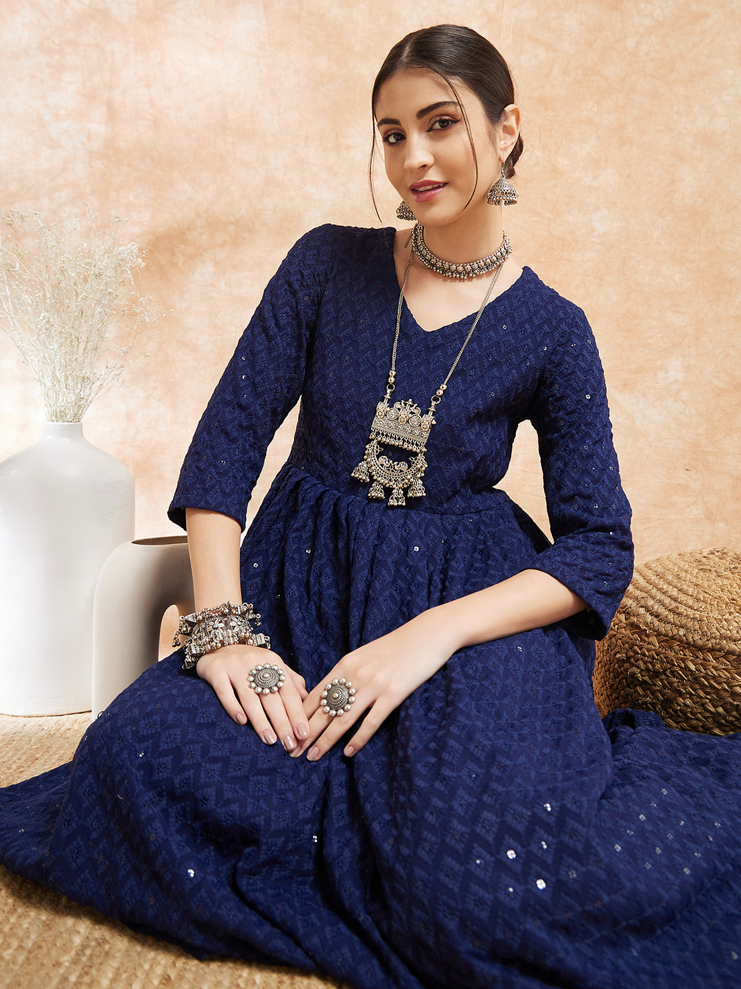 InWeave Women's Royal Blue Chikankari Long Anarkali Kurta Sharara Set - Swadesiicart