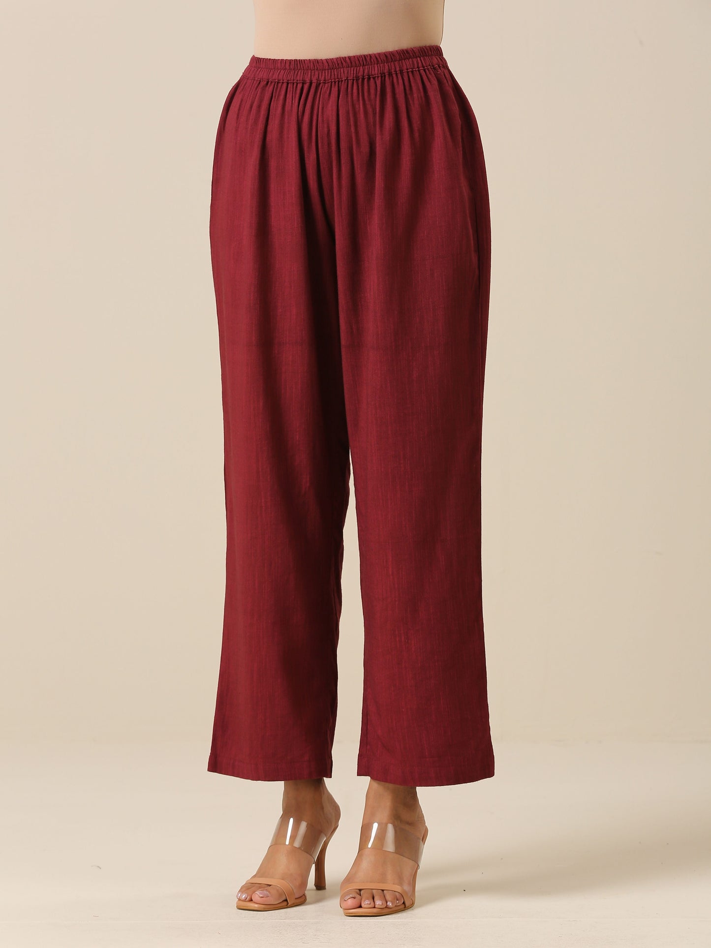 trueBrowns Ruby Wine Slub Texture Back Pleat Kurta Pant Set | Swadesiicart