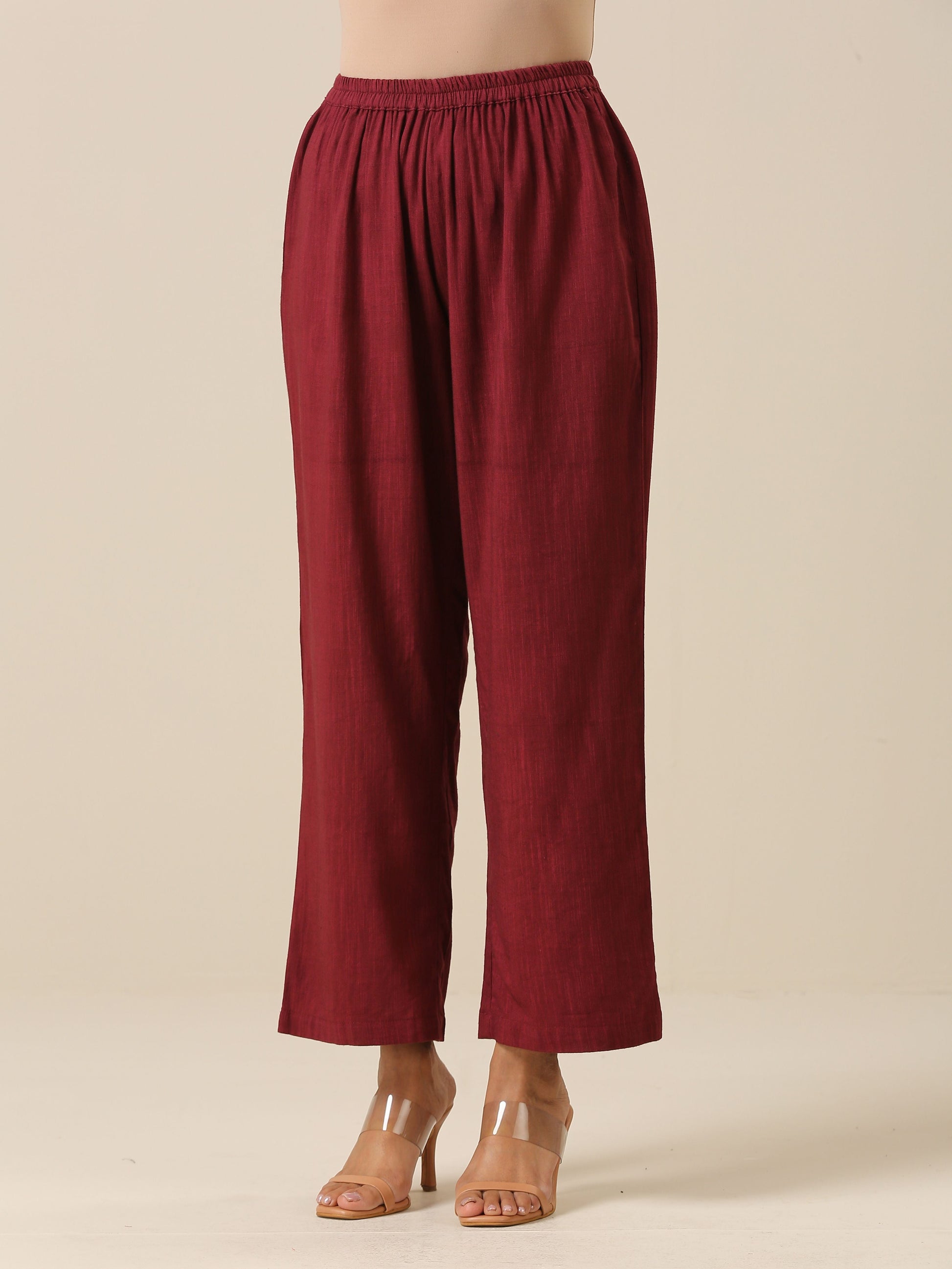 trueBrowns Ruby Wine Slub Texture Back Pleat Kurta Pant Set | Swadesiicart