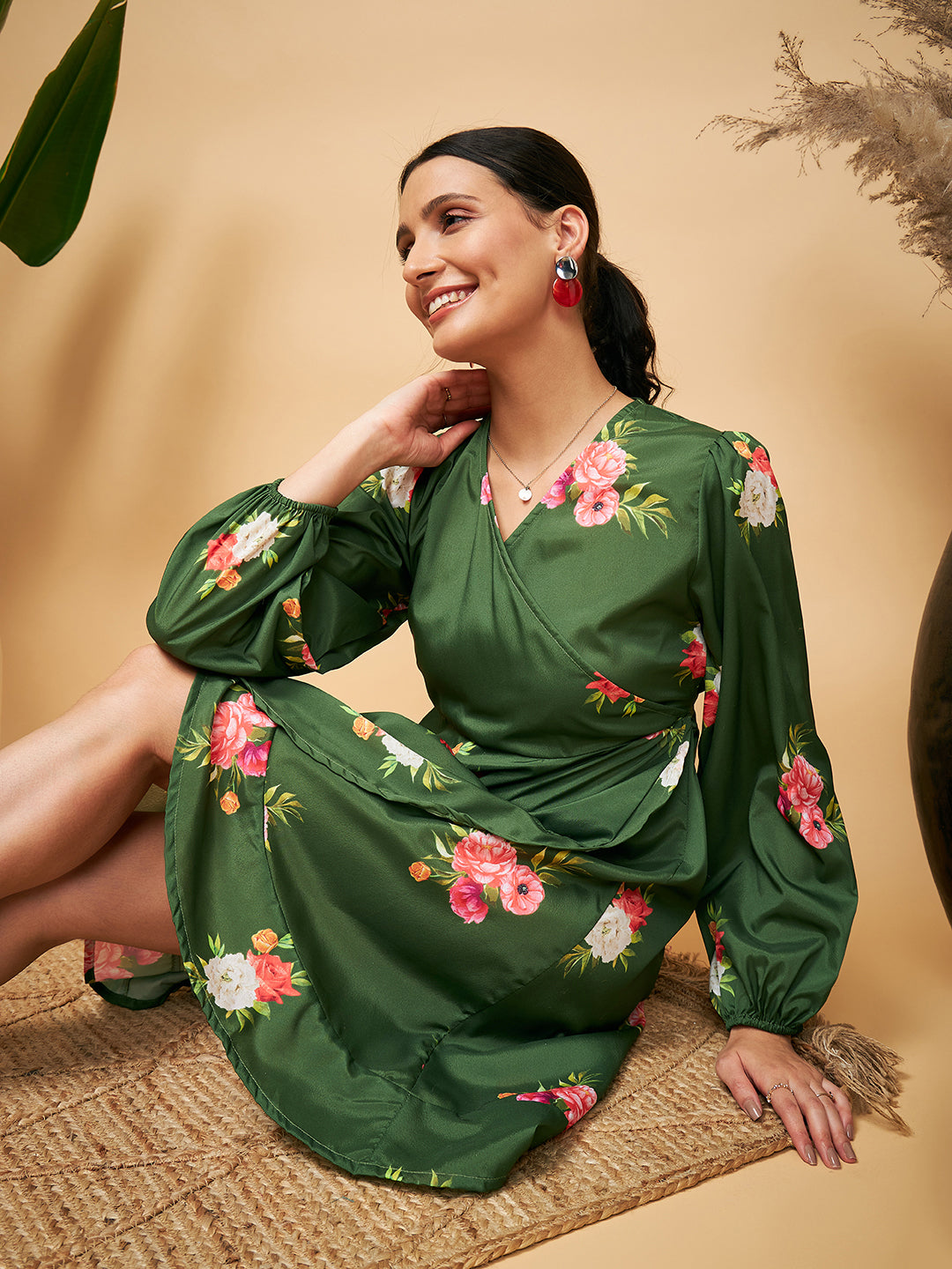 InWeave Women's Green Small Flower Belted Dress - Swadesiicart