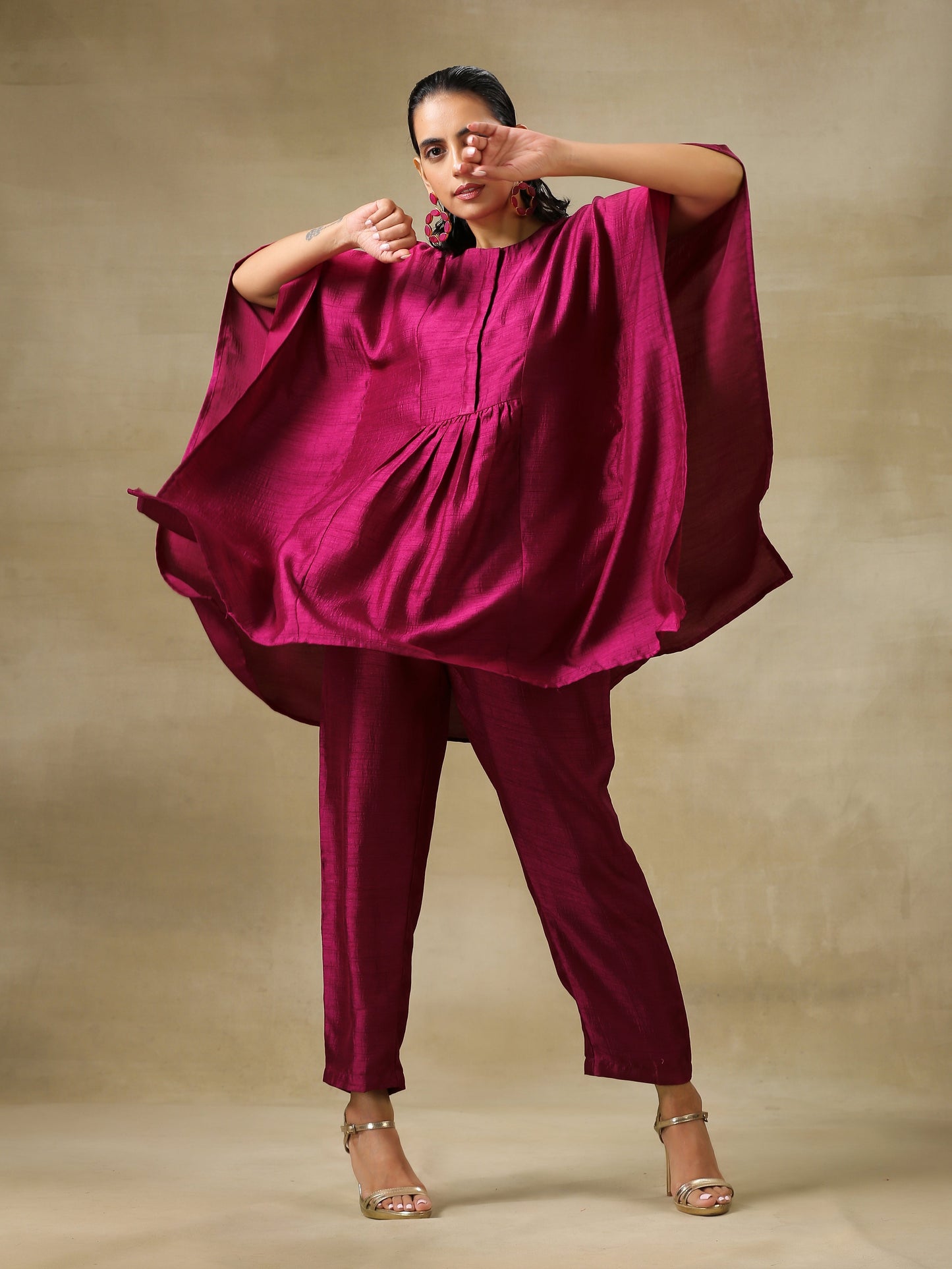 trueBrowns Purple Textured Silk Gathered Kaftan Co-Ord Set - Swadesiicart