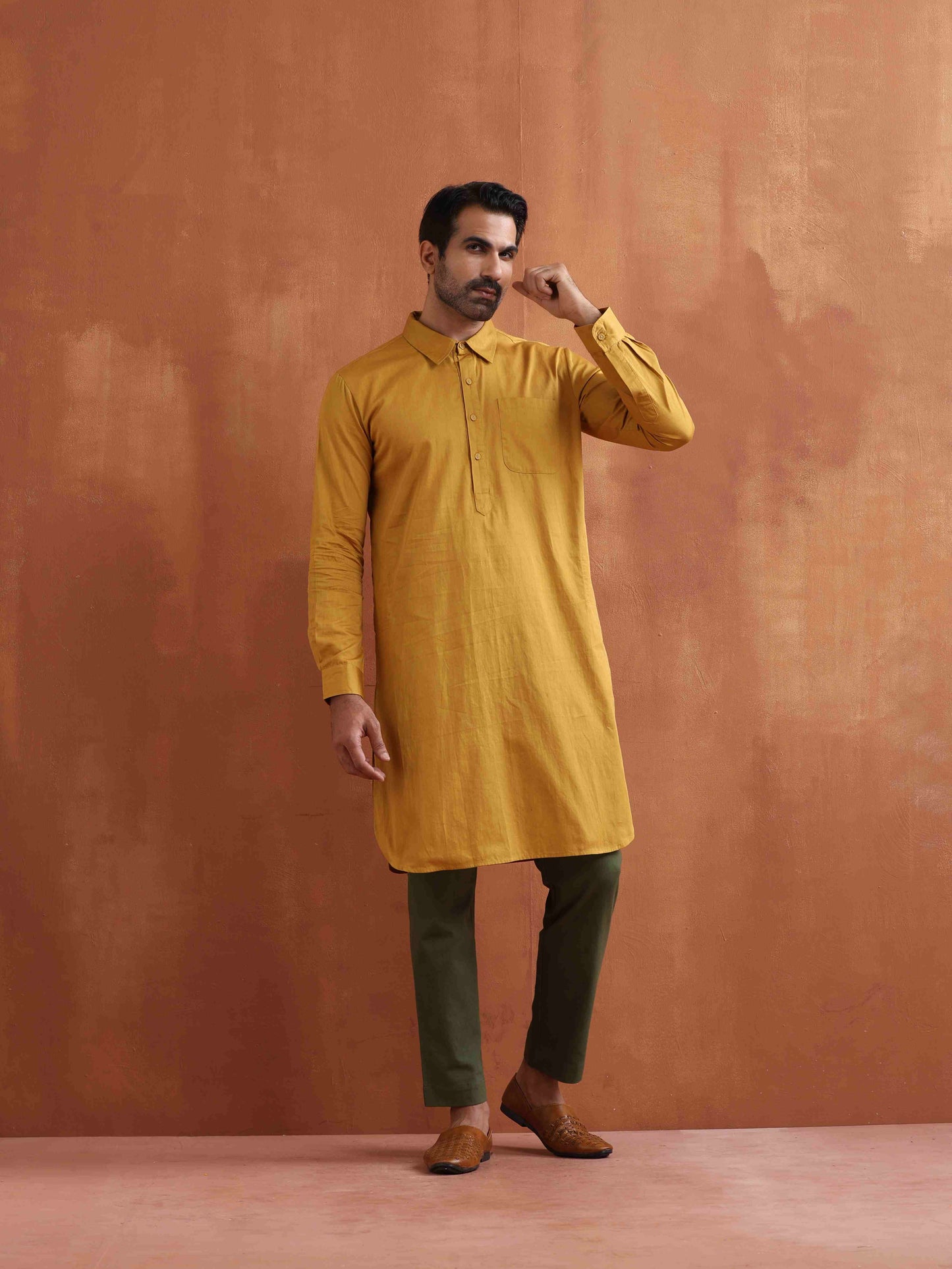 trueBrowns Men's Mustard Cotton Kurta | Swadesiicart