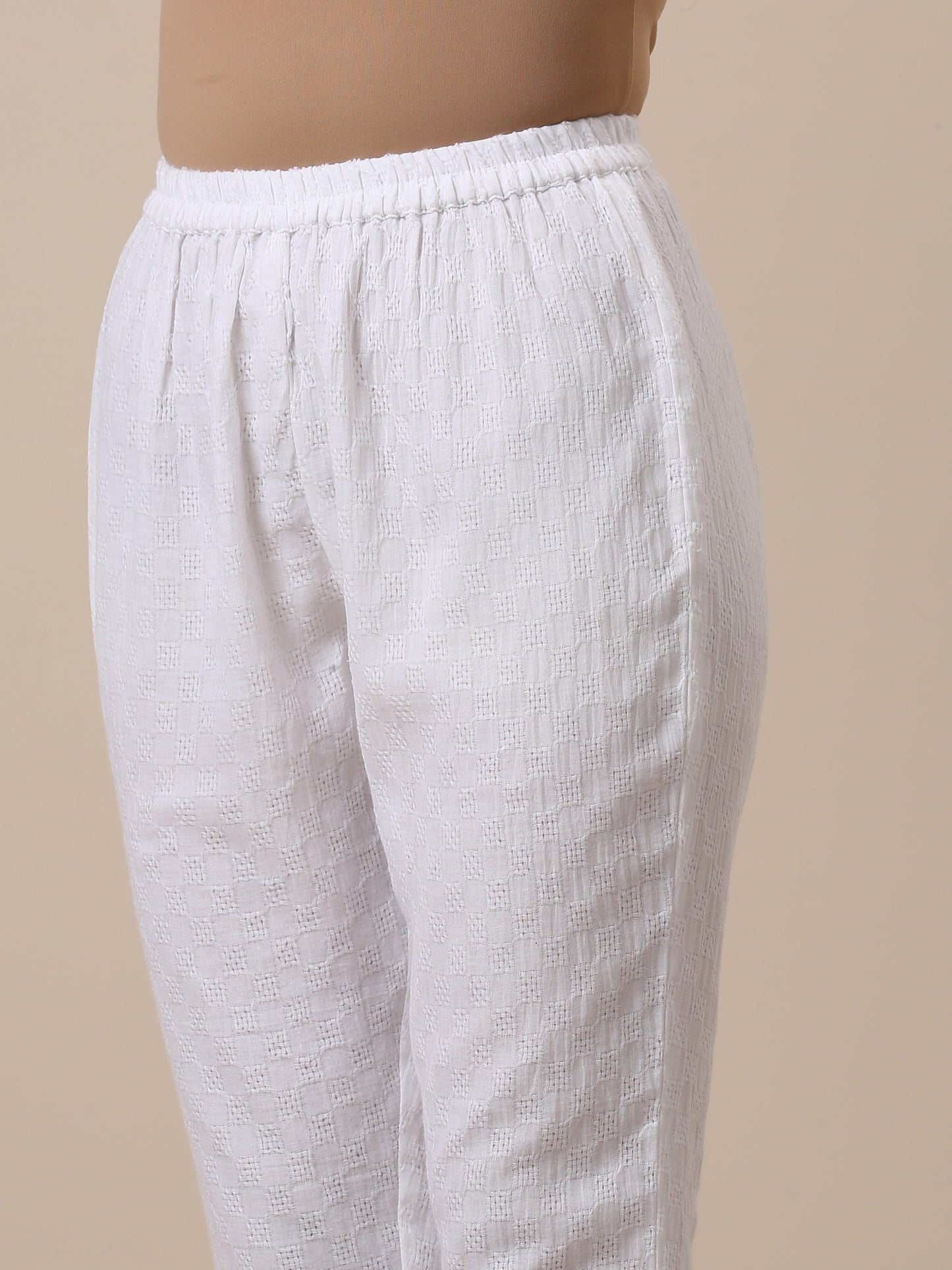 trueBrowns Cotton White Weave Collar Kurta Pant Set | Relove | Swadesiicart