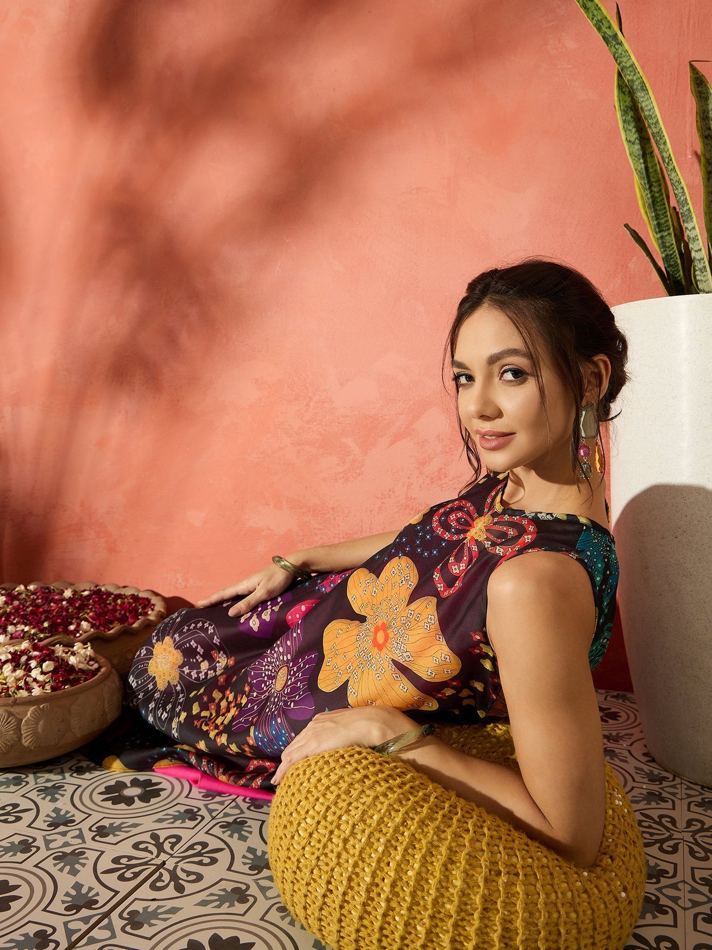 InWeave Black Floral Fuchsia Asymmetrical Dress - Swadesiicart