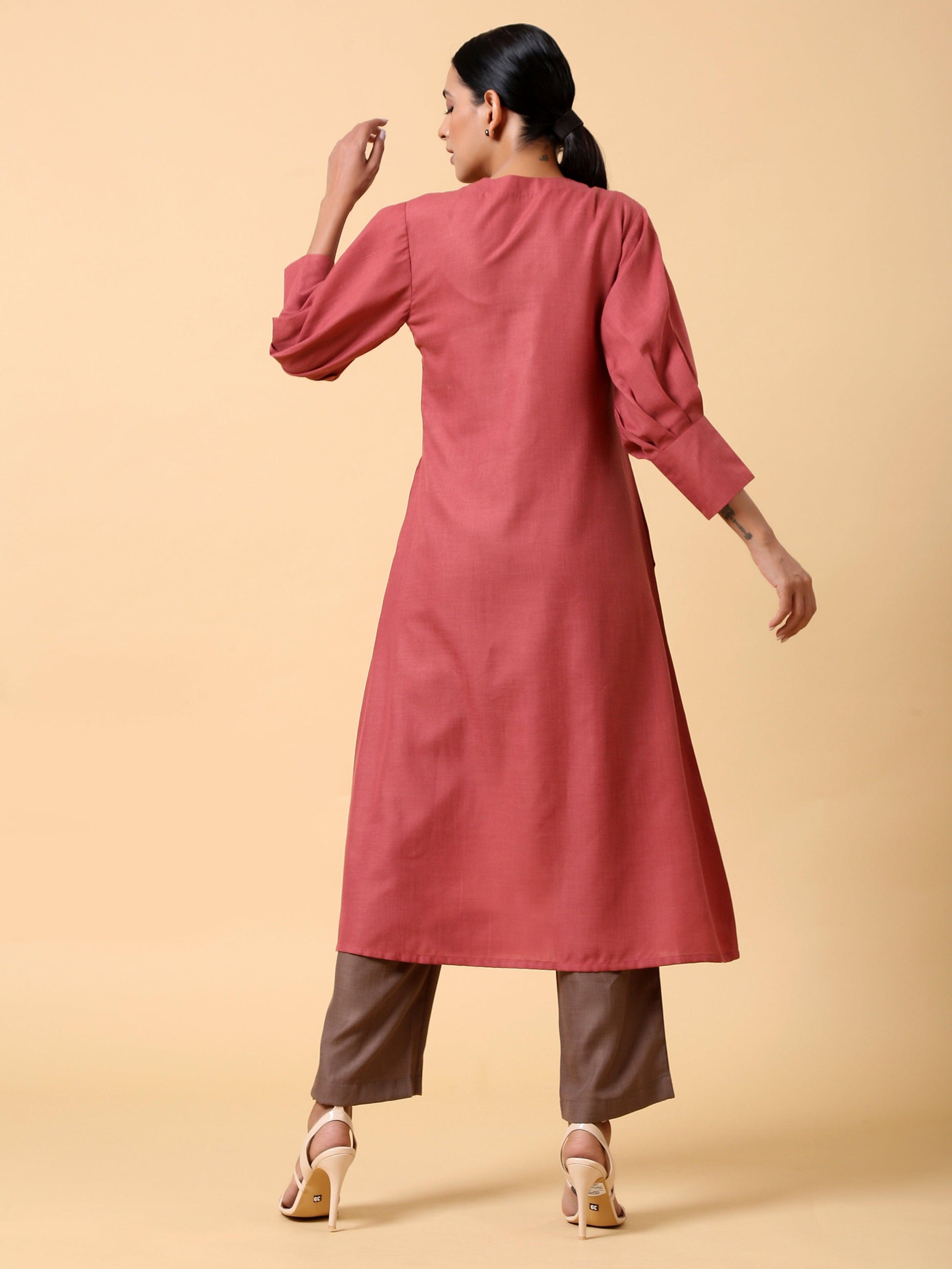 trueBrowns Cotton Linen Rust Red Kurta Pant Set | Swadesiicart