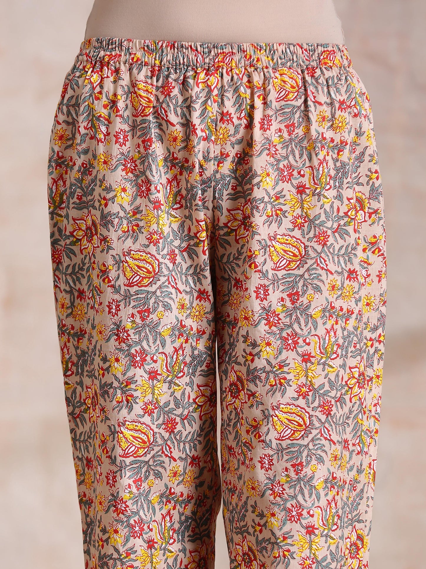trueBrowns Multicolor Beige Overall Floral Block Print Cotton Kaftan Co-Ord Set - Swadesiicart