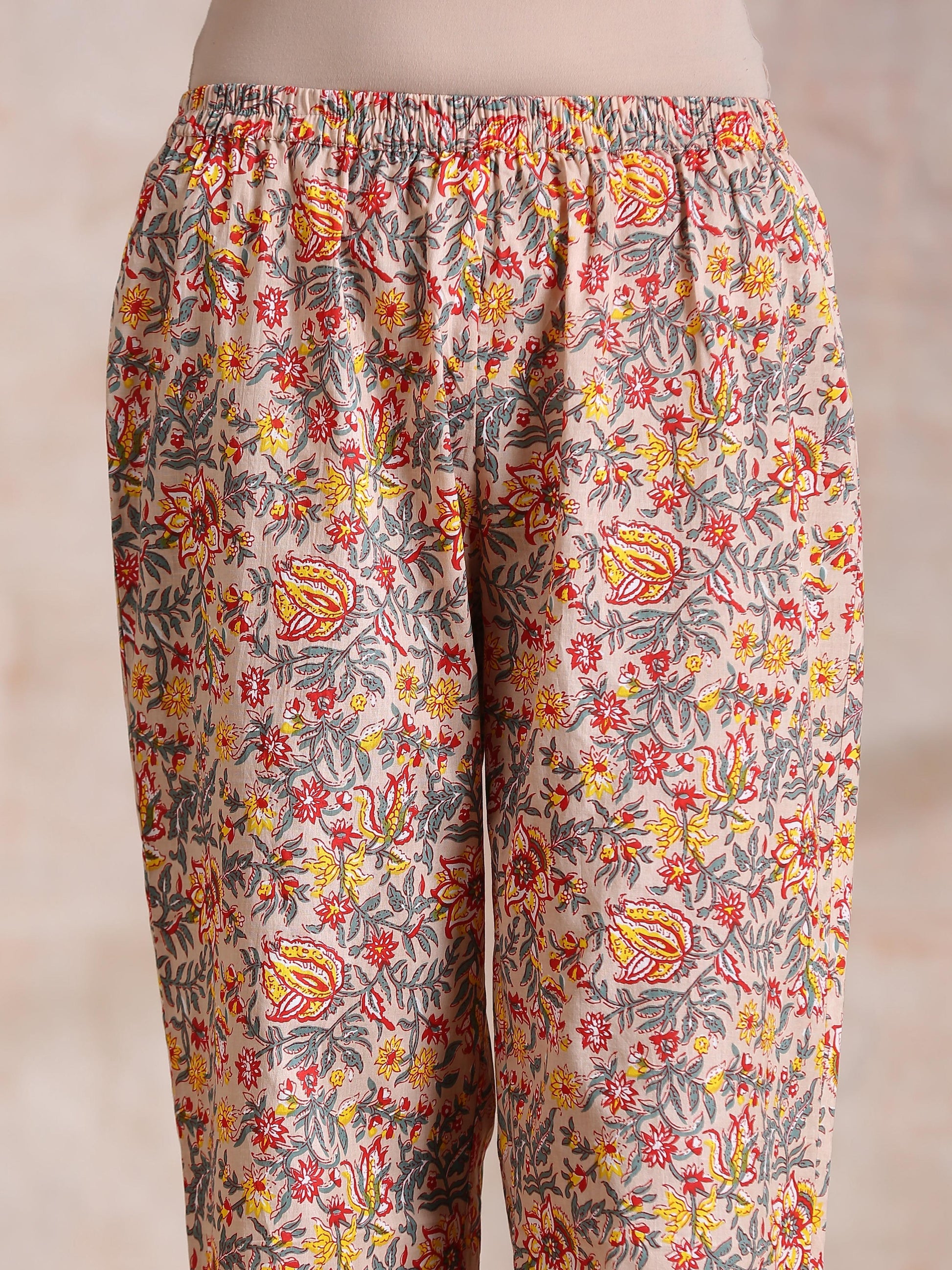 trueBrowns Multicolor Beige Overall Floral Block Print Cotton Kaftan Co-Ord Set - Swadesiicart