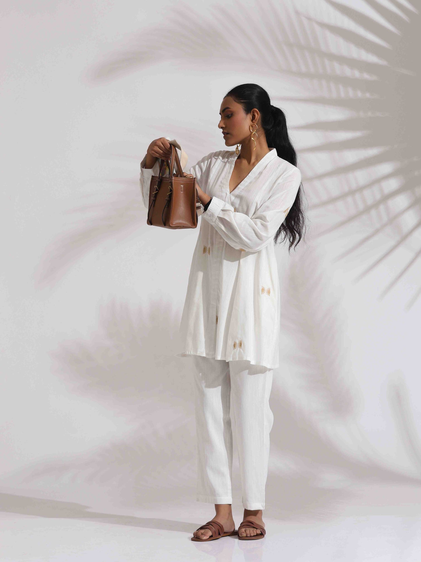 trueBrowns Off-White Cotton Embroidered A-line Co-ord Set - Swadesiicart