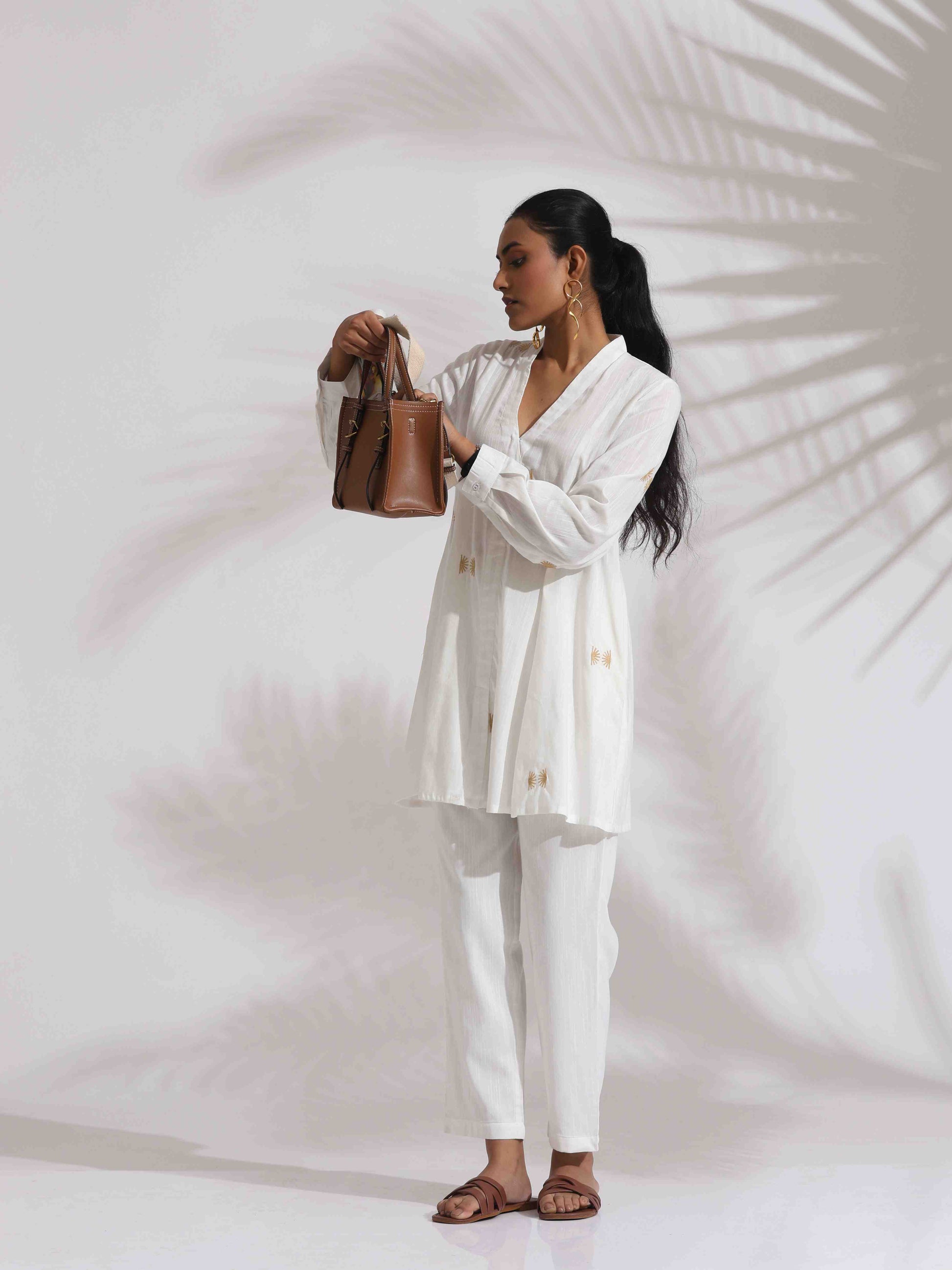 trueBrowns Off-White Cotton Embroidered A-line Co-ord Set - Swadesiicart