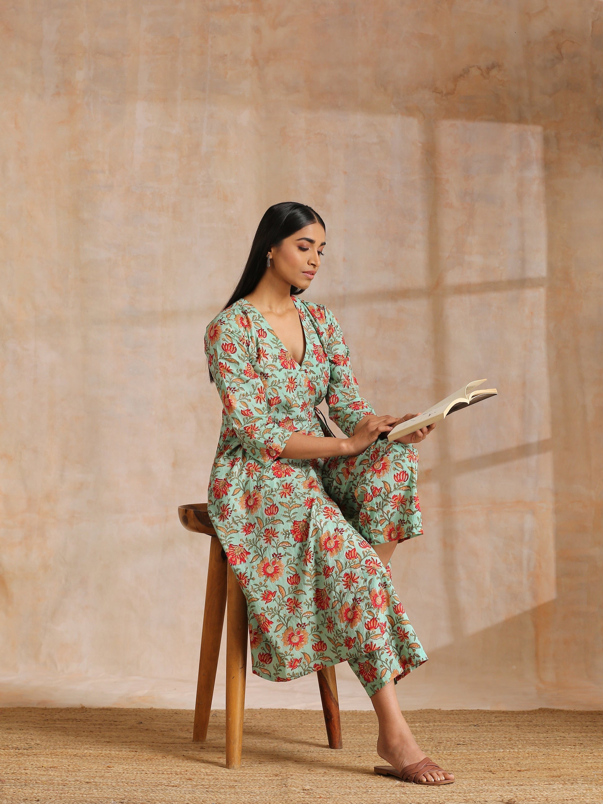 trueBrowns Seafoam Green Overall Floral Block Print Cotton Angrakha Pant Set | Swadesiicart