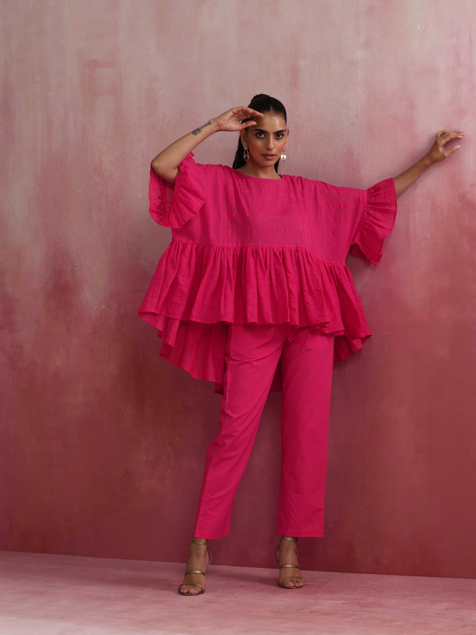 trueBrowns Pink Cotton Dobby Co-ord set - Swadesiicart