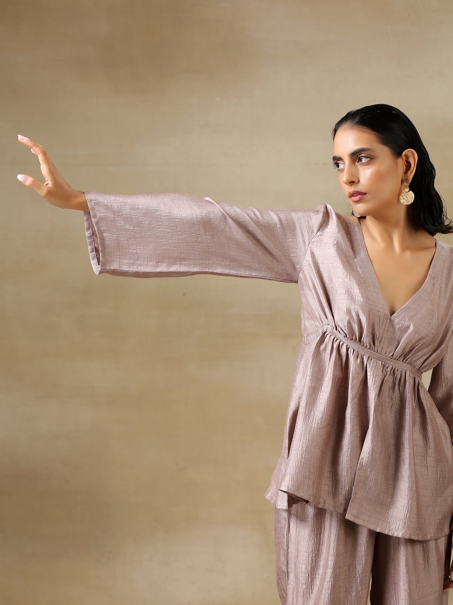 trueBrowns Grey Textured Silk Deep V-Neck Co-Ord Set - Swadesiicart