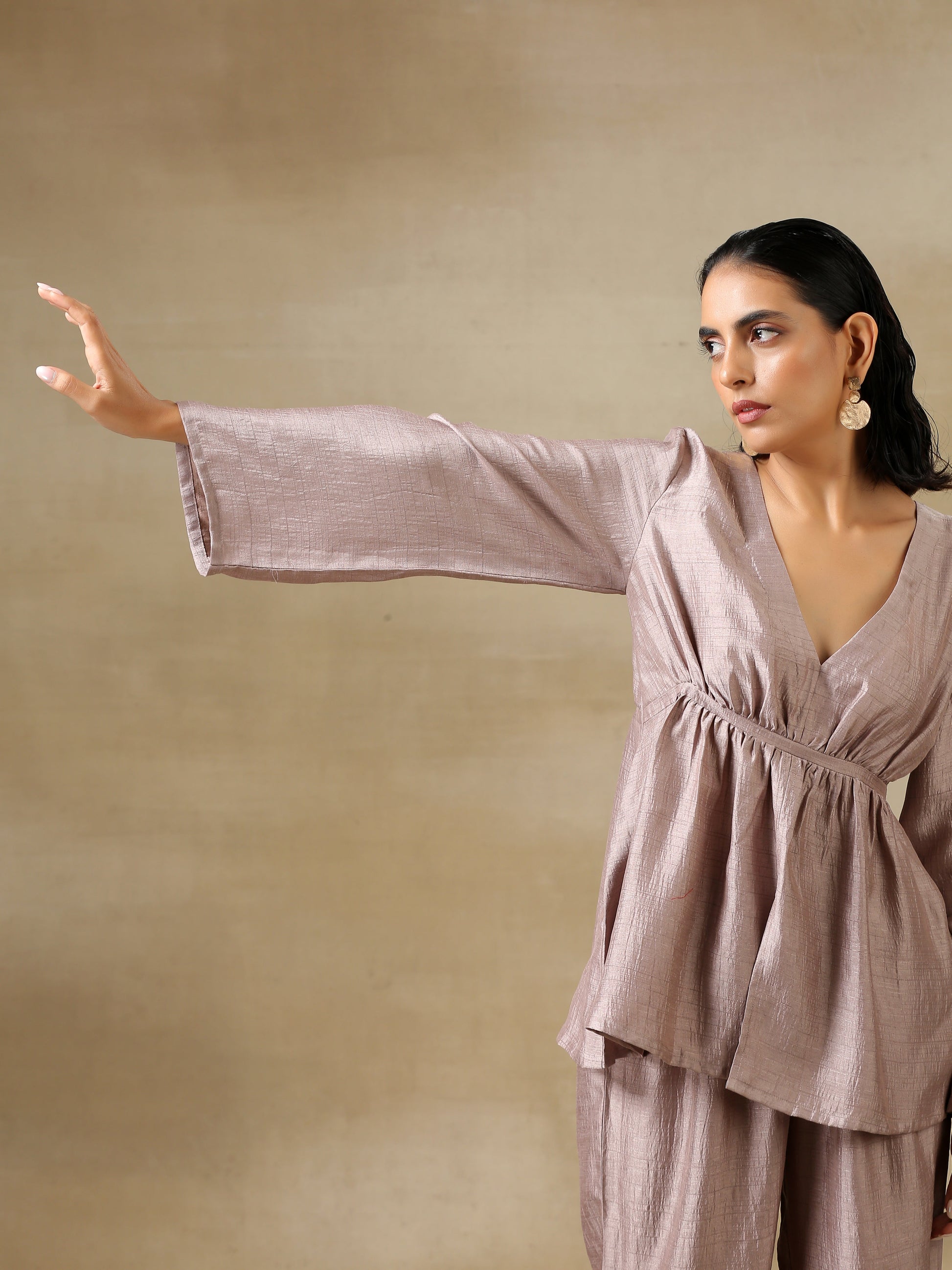 trueBrowns Grey Textured Silk Deep V-Neck Co-Ord Set - Swadesiicart