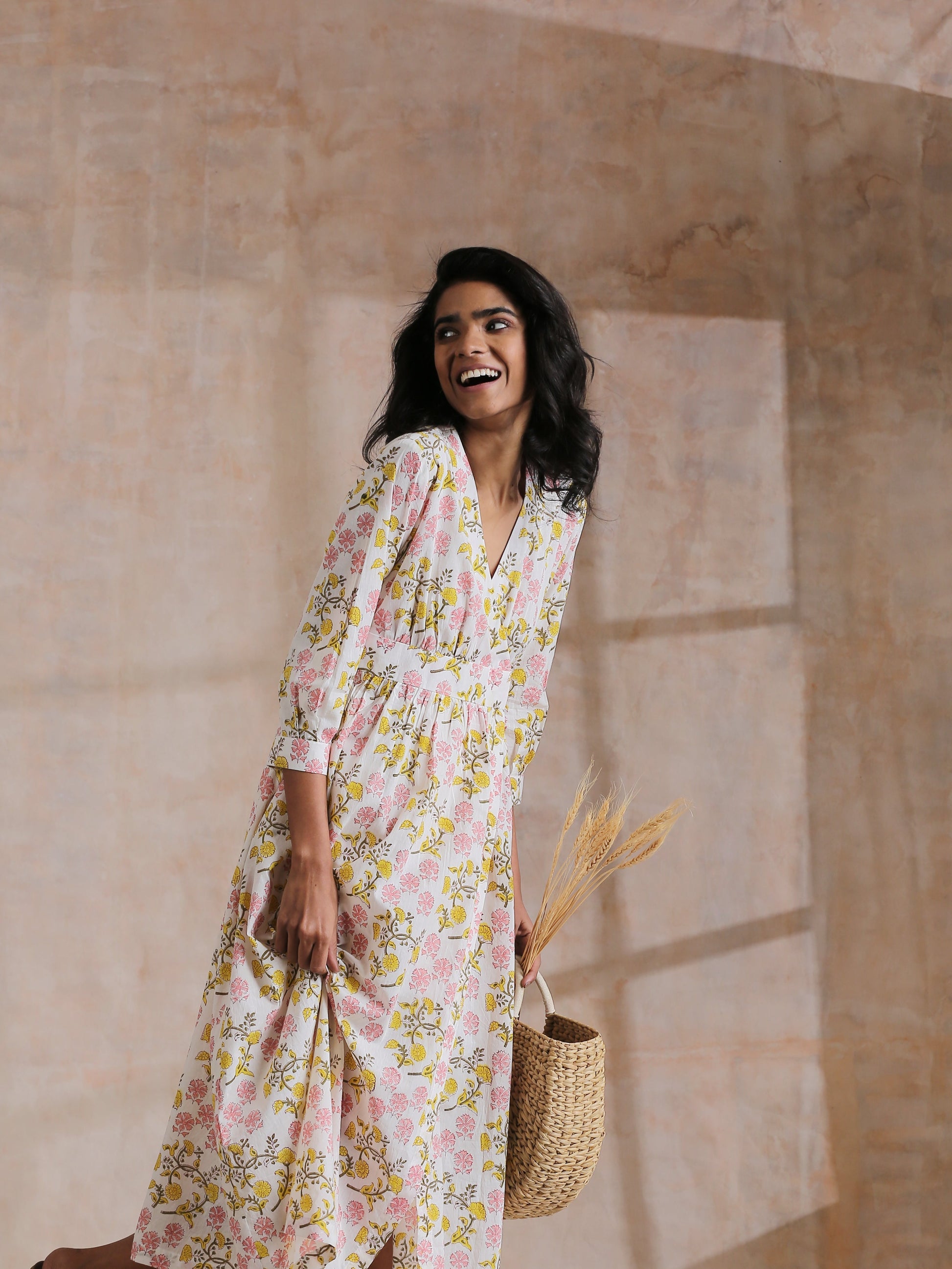 trueBrowns Pink Yellow Floral On White Block Print Cotton Wrap Dress | Swadesiicart