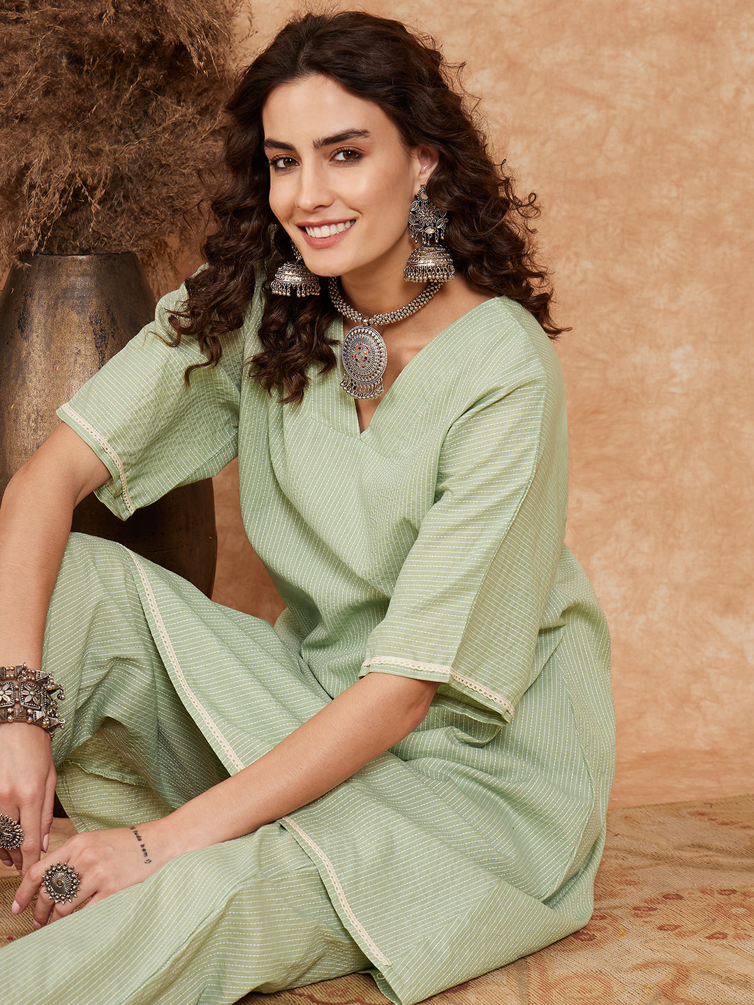 InWeave Women's Sage Green Kantha Lace Wrok Kimono Sleeve Kurta Set - Swadesiicart