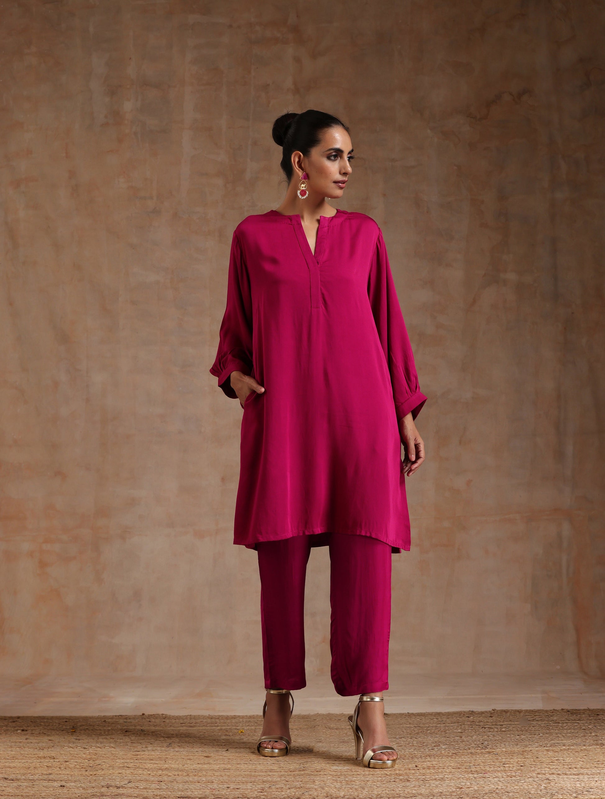 trueBrowns Pink Modal Satin Relax Co-ord Set - Swadesiicart