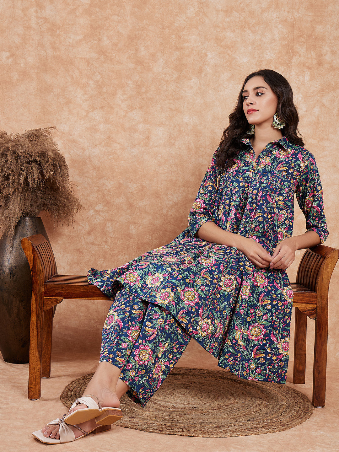 InWeave Women's Blue Green Pink Floral Print Flared Kurta Pant Set - Swadesiicart