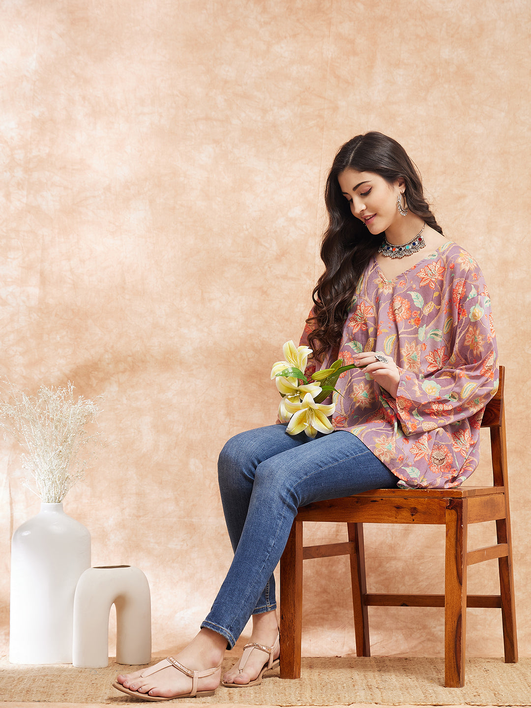 InWeave Women's Dove Grey Floral Digital Print Kaftan Boho Top - Swadesiicart