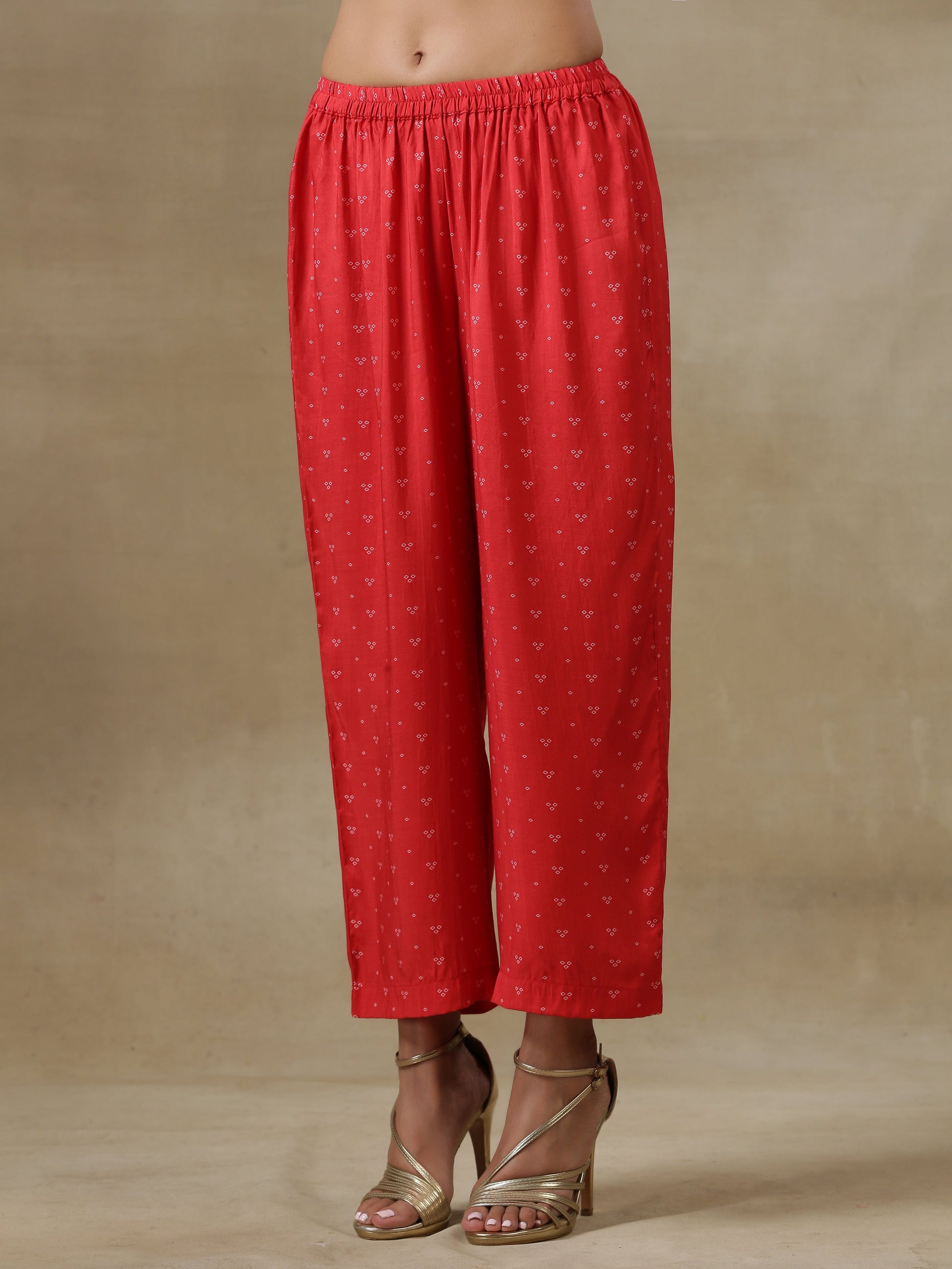 trueBrowns Red Bandhani Printed Silk Long Kurta Pant Set | Swadesiicart