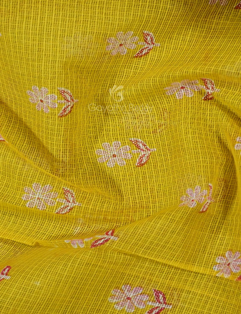 Yellow And Pink Colour Block Print Pure Kota Cotton Saree By Gayathri Reddy Designer Studio | Swadesiicart