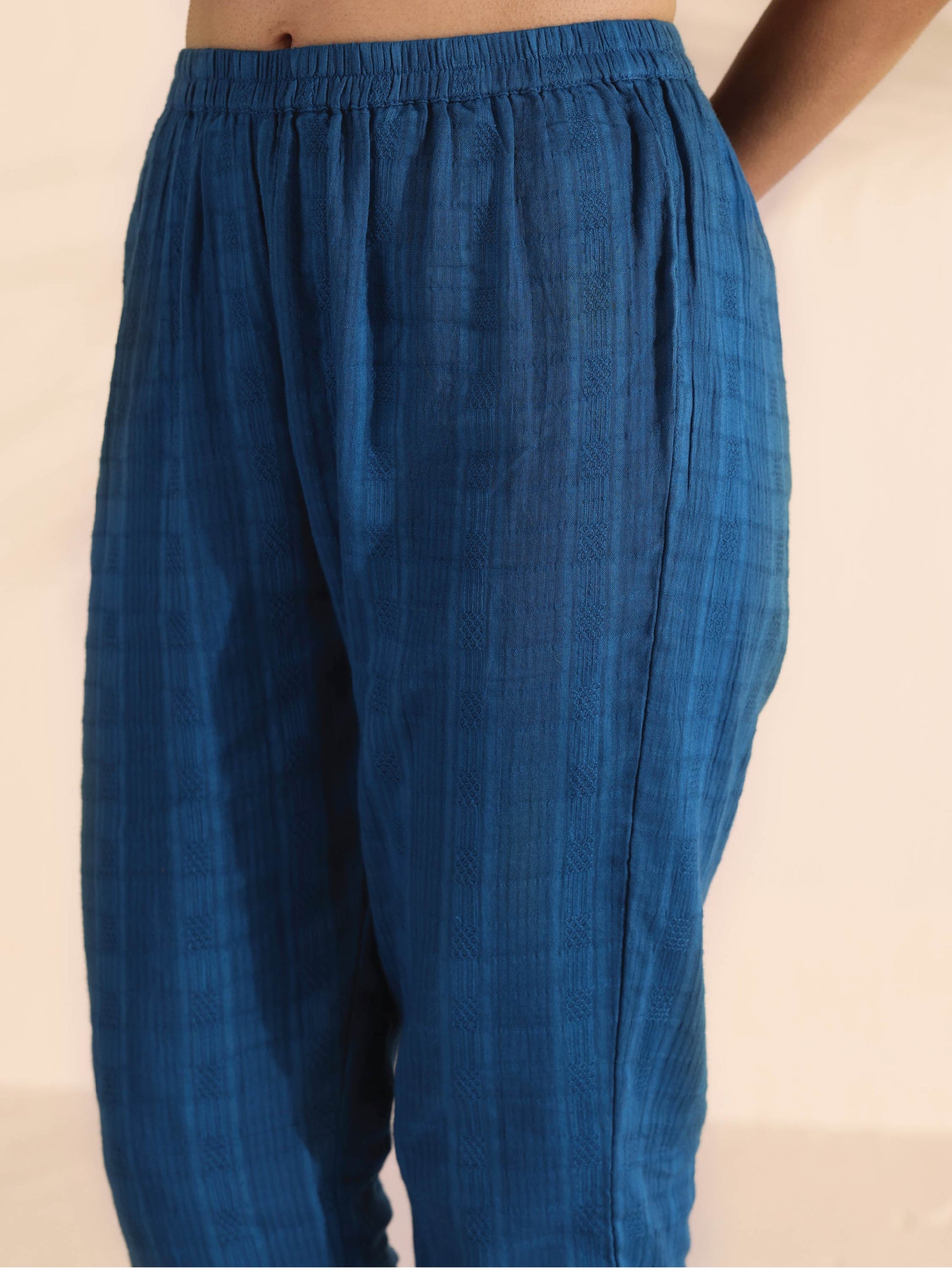trueBrowns Blue Cotton Dobby Flared Kurta Pant Set | Swadesiicart