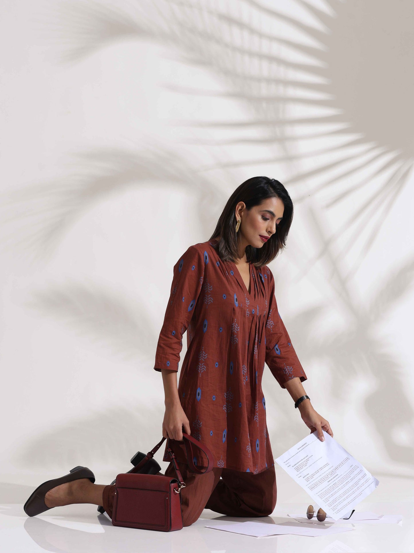 trueBrowns Brown Cotton Print Pleated Top & Pants Co-ord Set - Swadesiicart