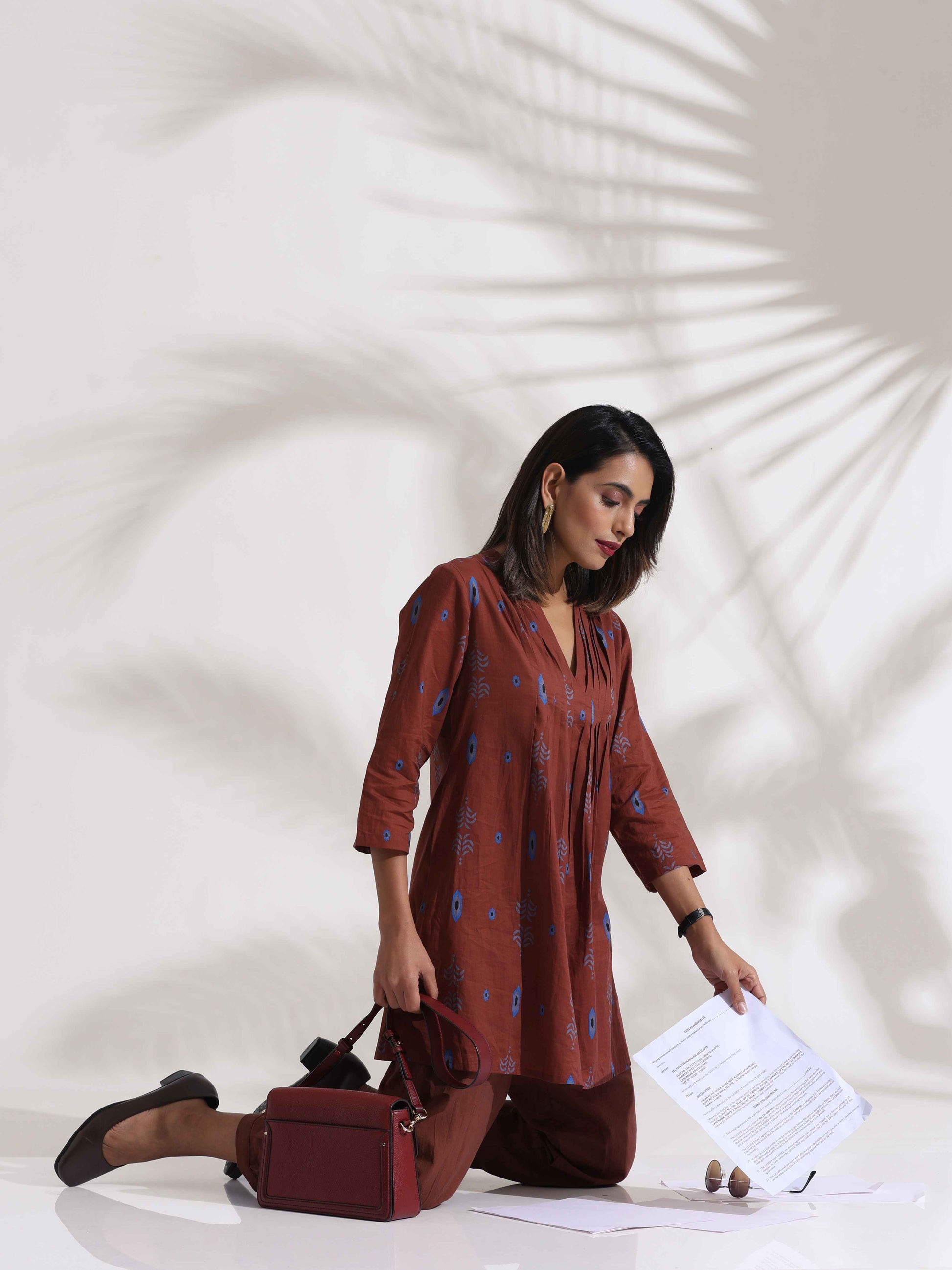 trueBrowns Brown Cotton Print Pleated Top & Pants Co-ord Set - Swadesiicart