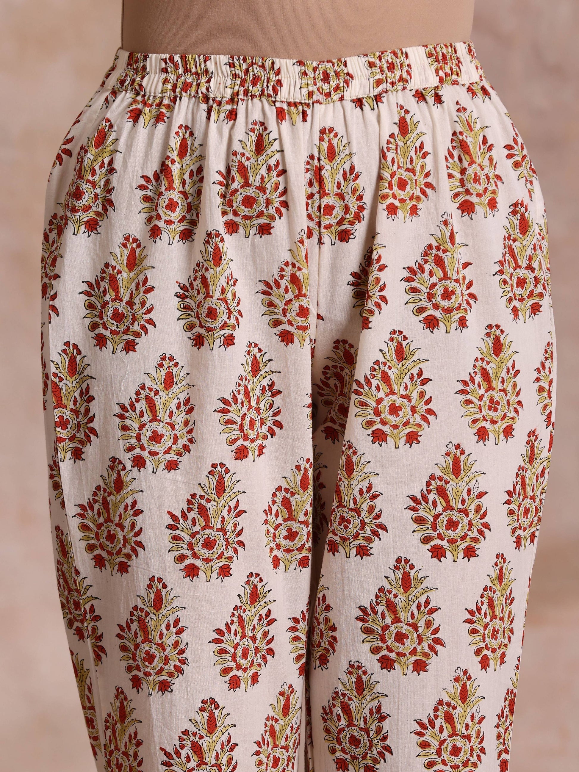 trueBrowns White With Red Yellow Buta Block Print Cotton Kurta Pant Dupatta Set | Swadesiicart