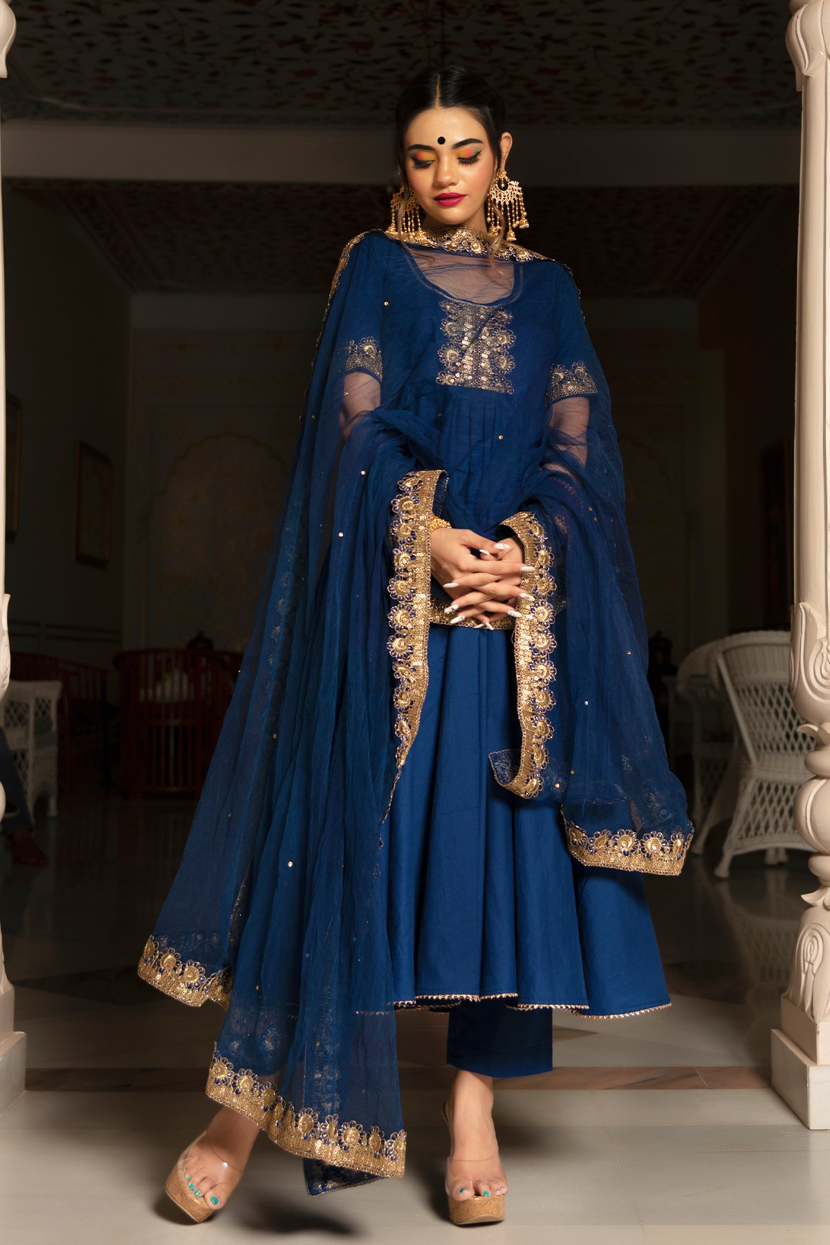 Pomcha Jaipur Minakari Blue Anarkali Set | Swadesiicart