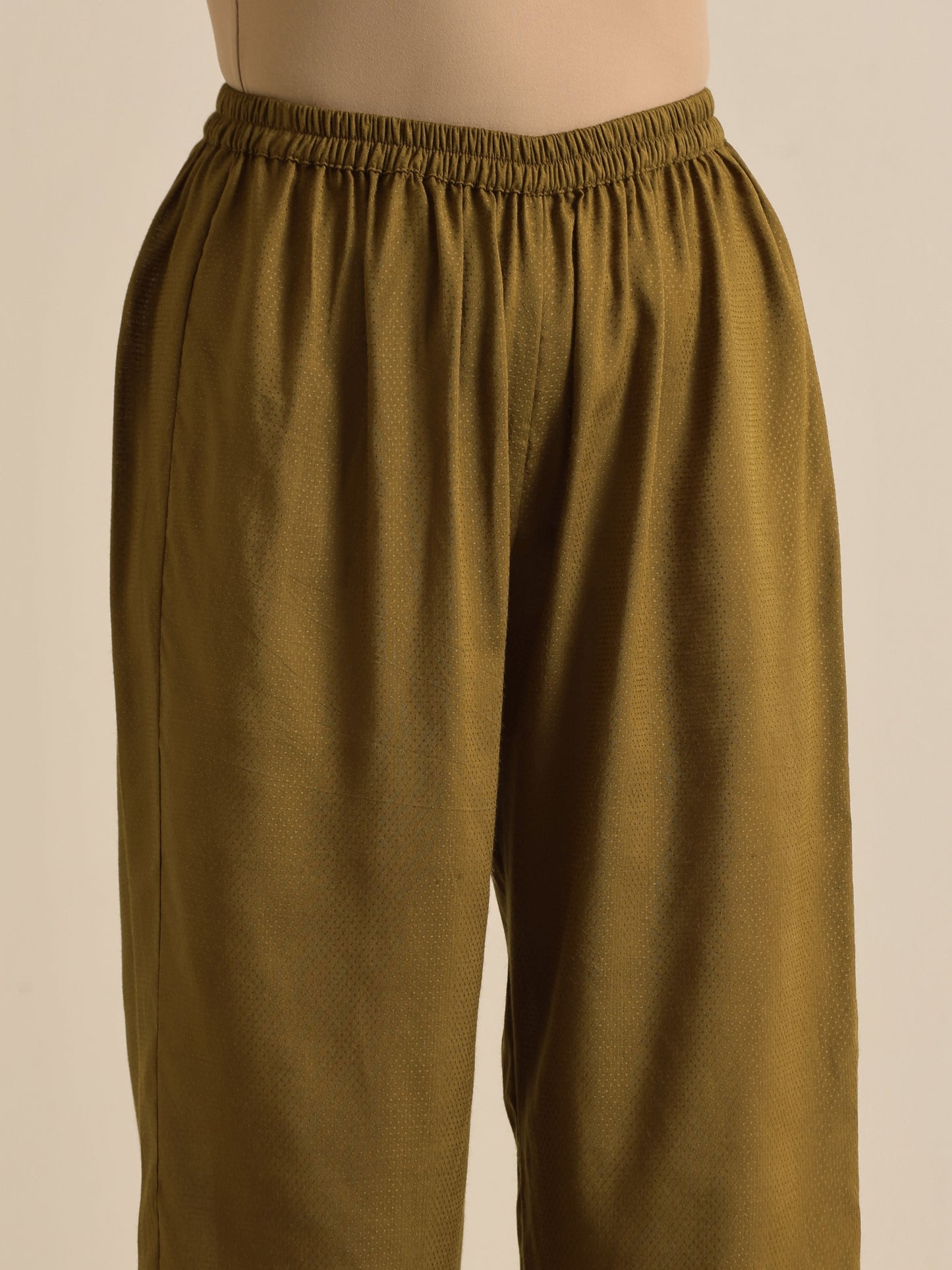 trueBrowns Olive Green Texture Doddy Kaftan Gathered Co-Ord Set - Swadesiicart