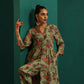 trueBrowns Green Floral Muslin Silk Printed Front Slit Kurta Pant Set | Swadesiicart