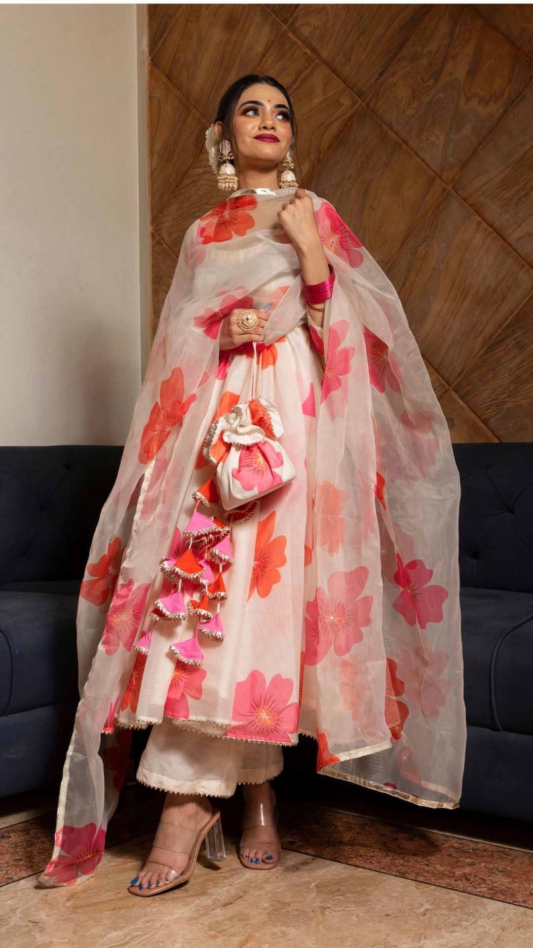 Pomcha Jaipur Carnation Off White Anarkali Set | Swadesiicart