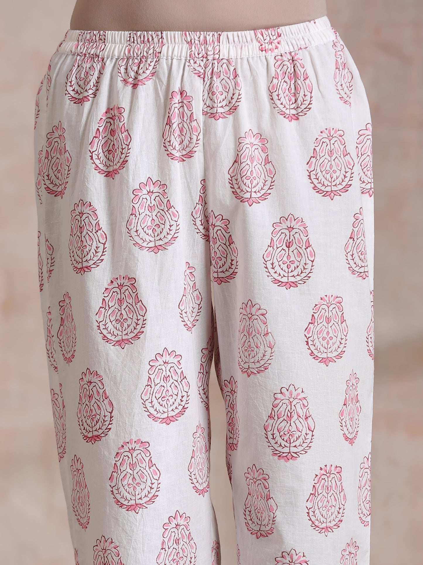 trueBrowns Pink Big Buta On White Print Cotton Panel Kaftan Kurta Pant Set | Swadesiicart