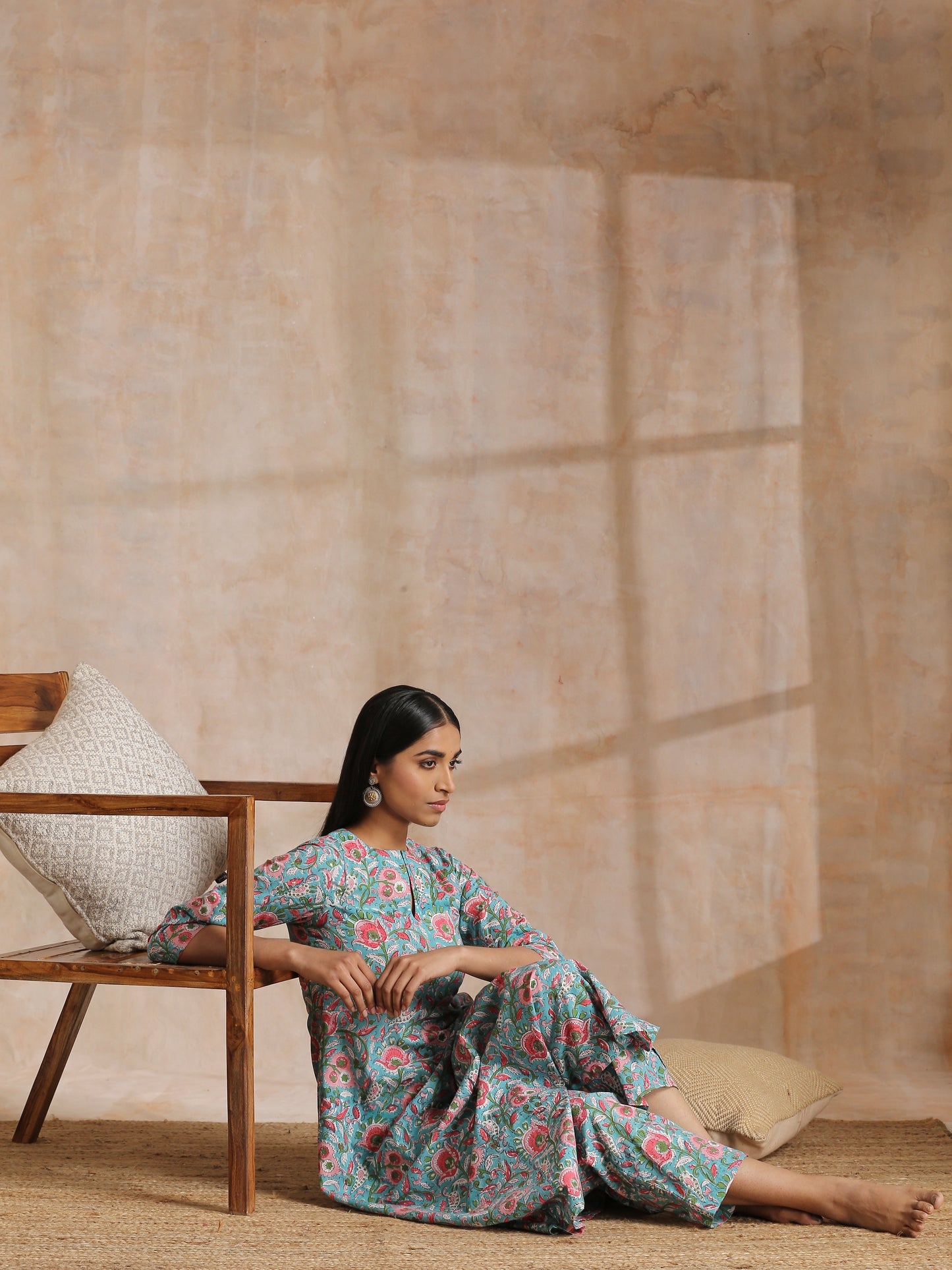 trueBrowns Turkish Blue Overall Floral Block Print Cotton Flared Kurta Pant Set | Swadesiicart