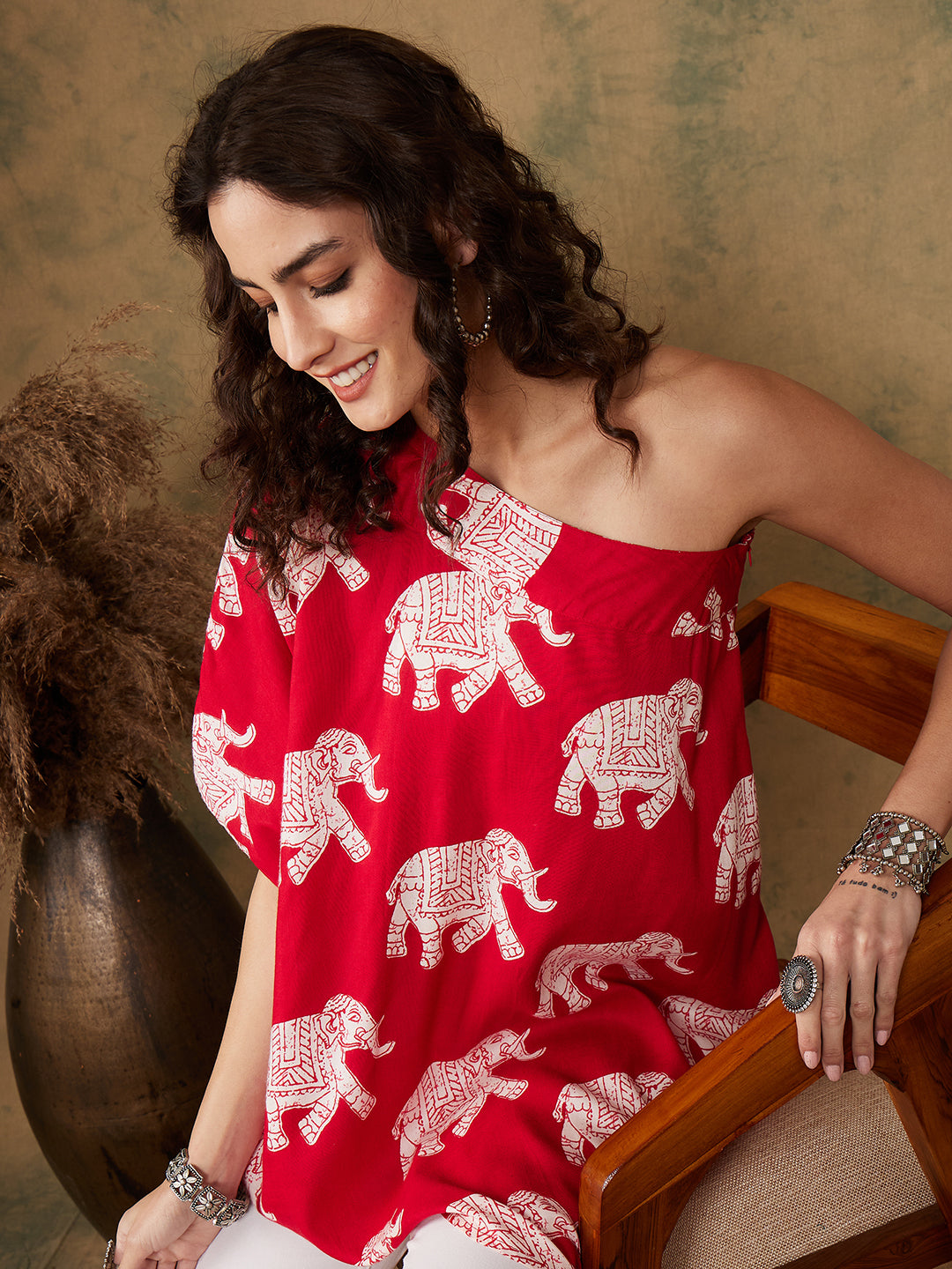 InWeave Women's Red Elephant Print Oneshoulder Top - Swadesiicart