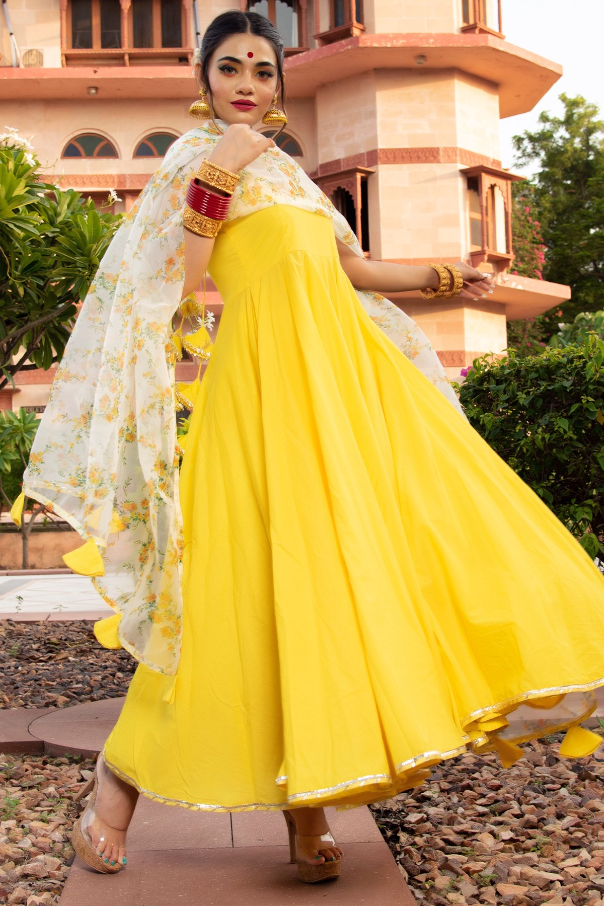 Pomcha Jaipur Yellow Berry Cotton Anarkali Set | Swadesiicart