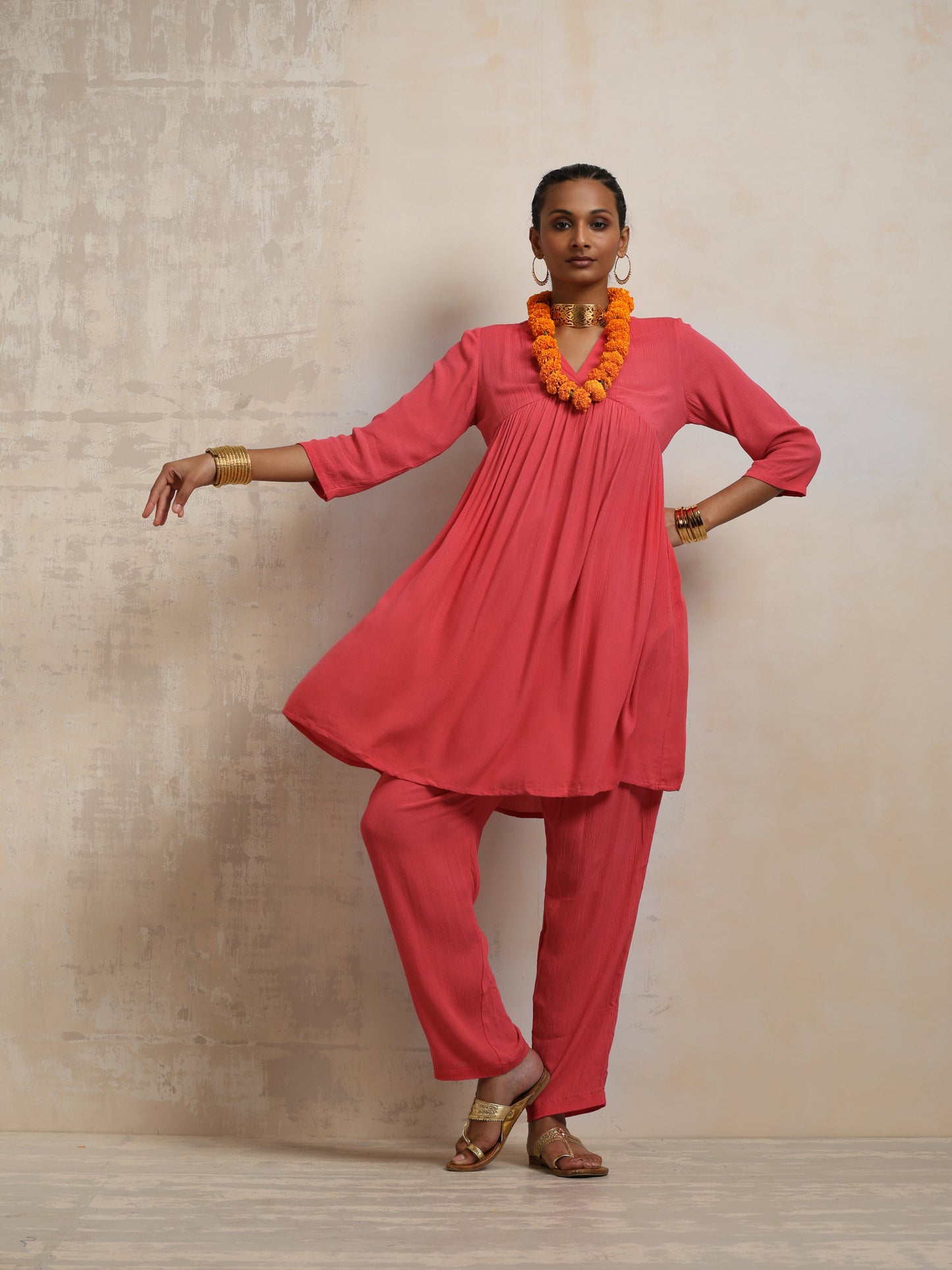 trueBrowns Peach Crinkle Flared Kurta Co-ord Set - Swadesiicart
