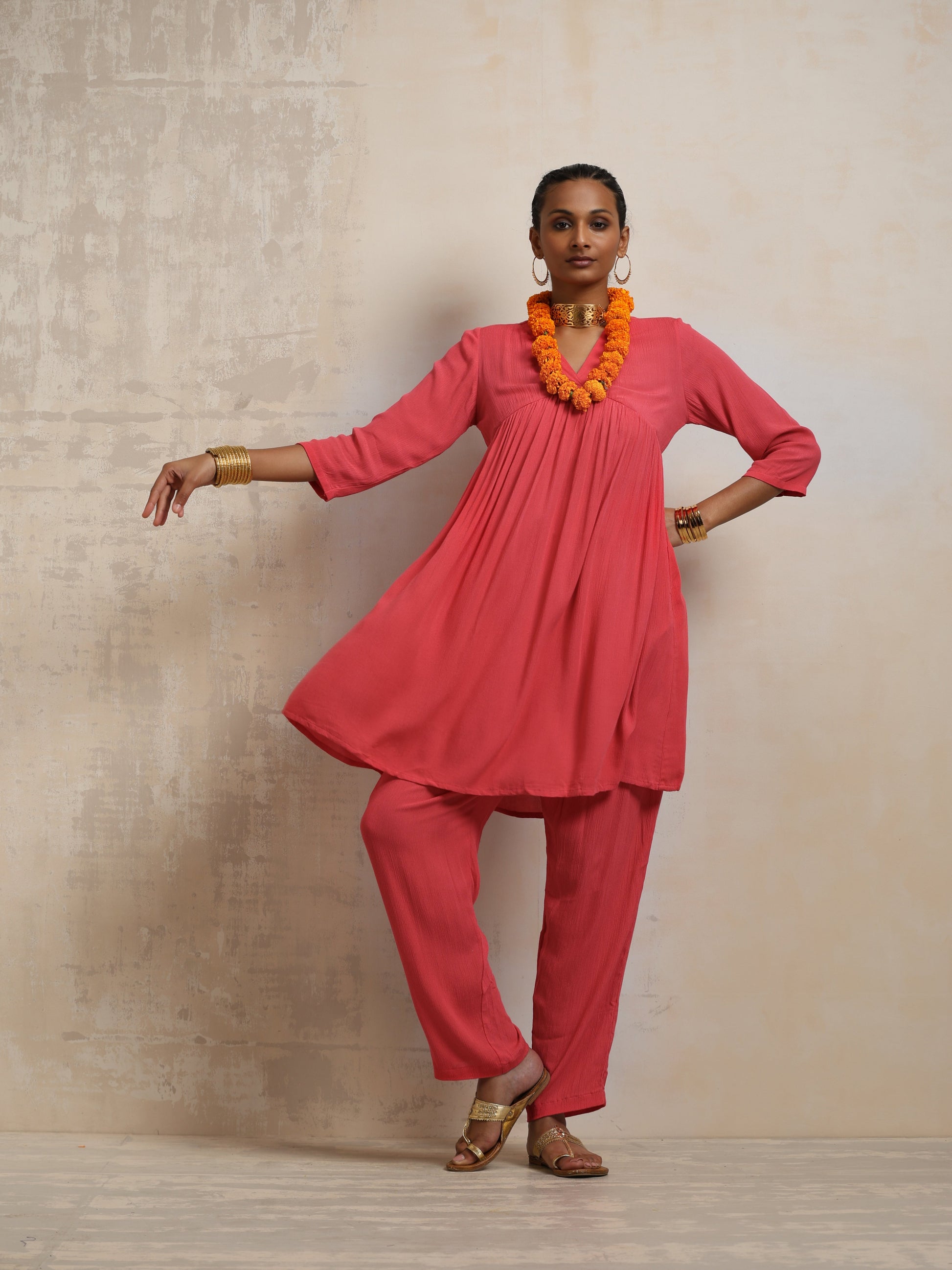 trueBrowns Peach Crinkle Flared Kurta Co-ord Set - Swadesiicart