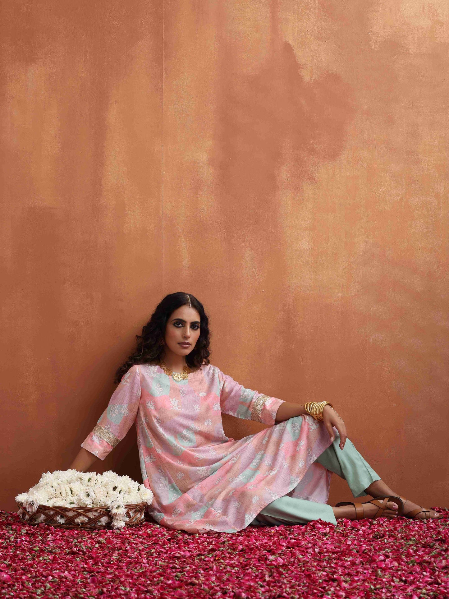 trueBrowns Beige Palm Print A-line Kurta Set | Swadesiicart