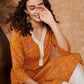 InWeave Women's Fire Yellow Print V Neck Lace Work Straight Kurta - Swadesiicart