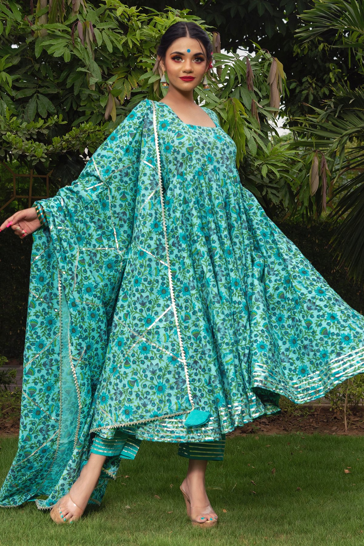 Pomcha Jaipur Morni Hand Block Cotton Anarkali Set | Swadesiicart