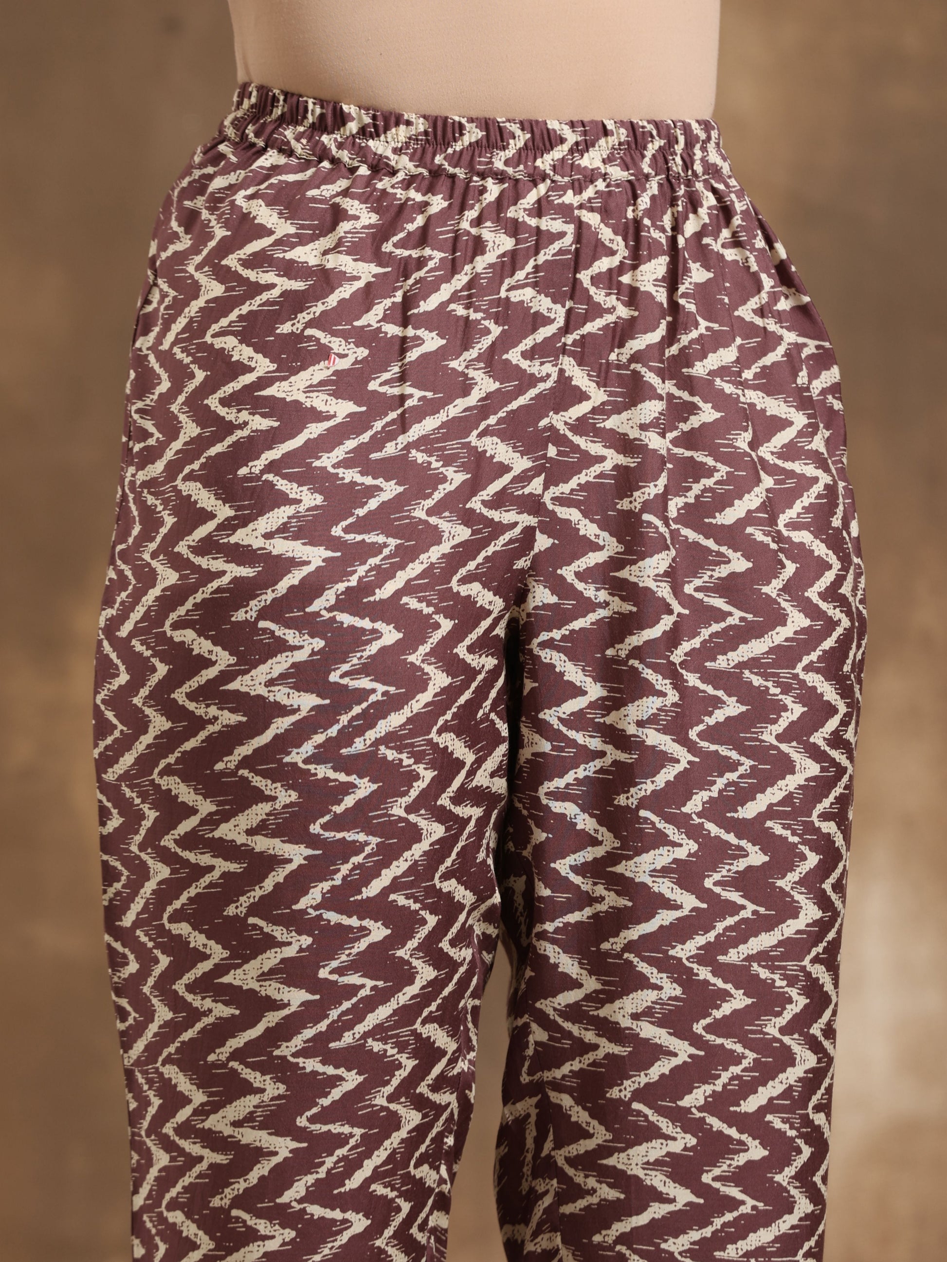 trueBrowns Dark Mauve Zig Zag Printed Silk Kaftan Co-Ord Set - Swadesiicart