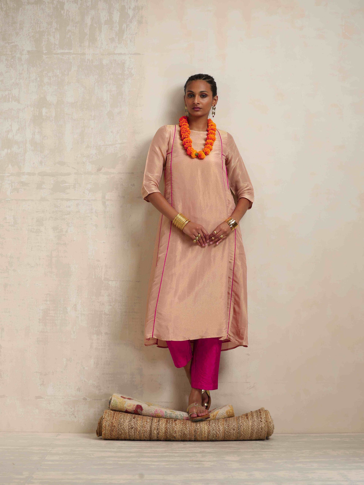 trueBrowns Blush Pink Tissue A-line Kurta Set | Swadesiicart
