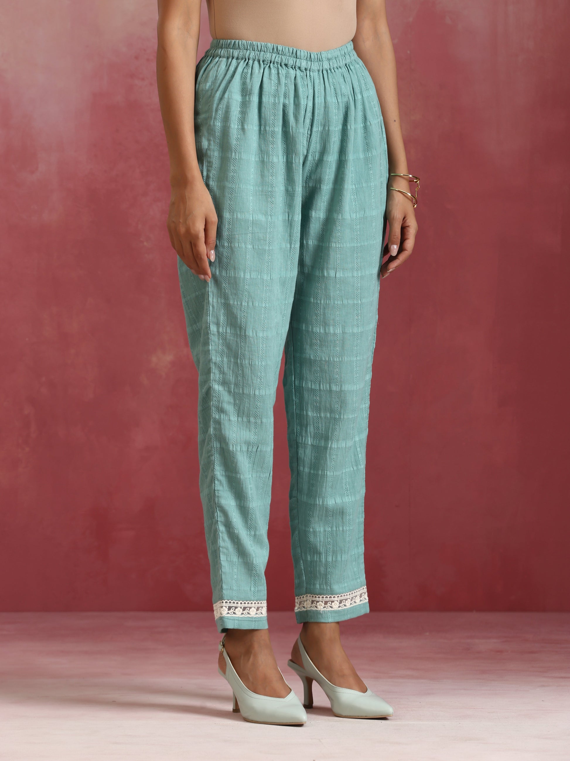 trueBrowns Aqua Blue Cotton Dobby High low Kurta Set | Swadesiicart
