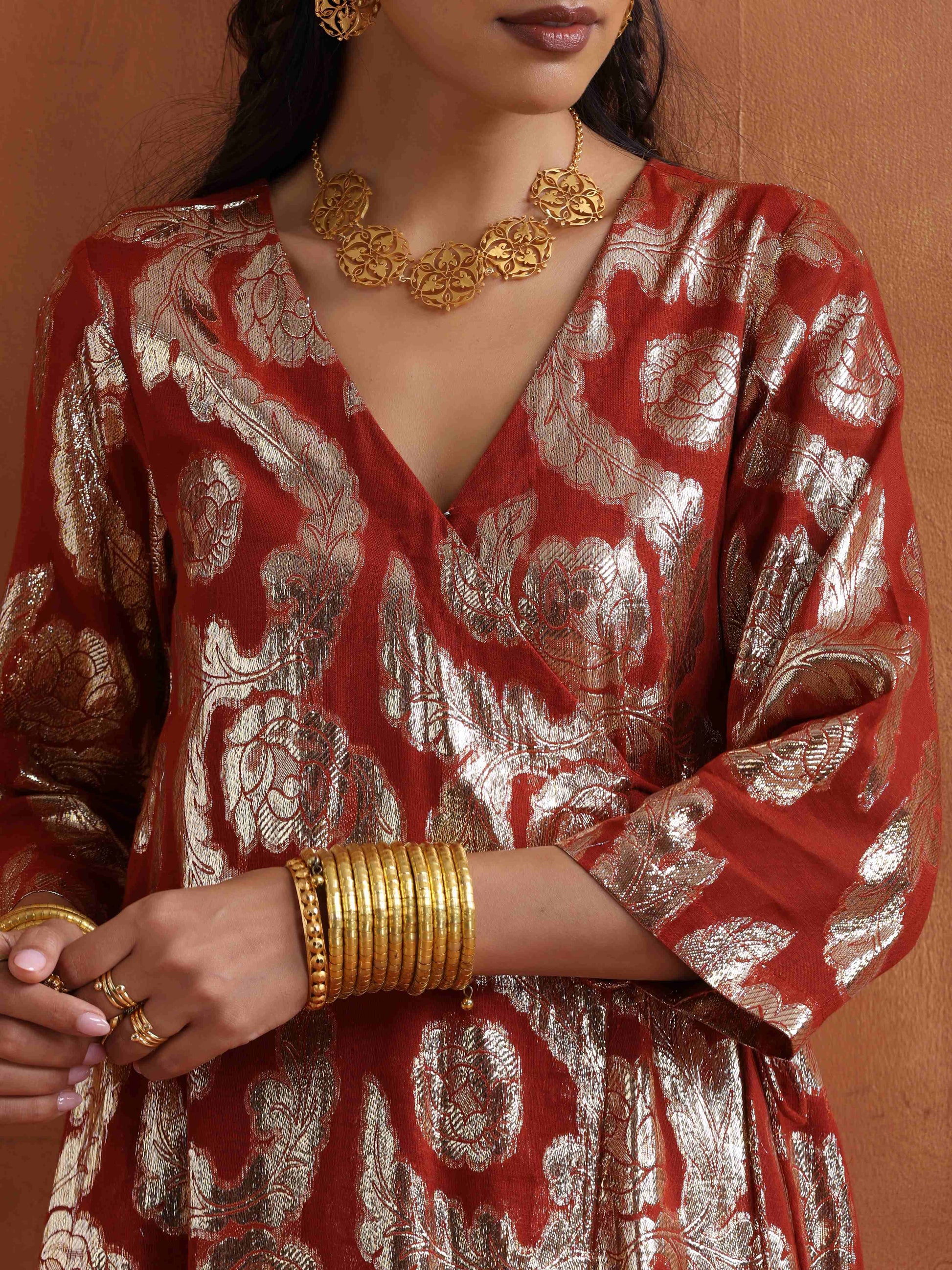 trueBrowns Rust Metallic Angrakha Kurta Set | Swadesiicart