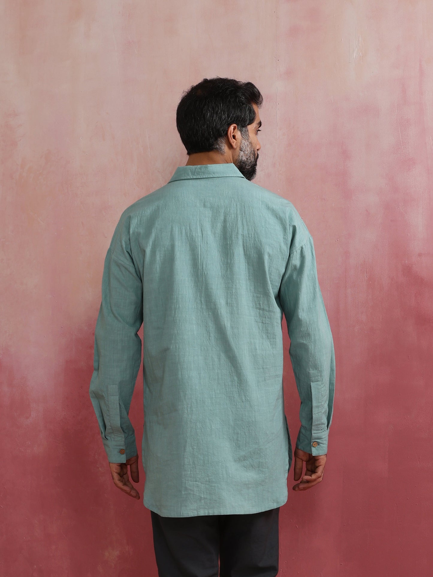 trueBrowns Men's Aqua Blue Cotton Shirt Collar Stylized Kurta | Swadesiicart
