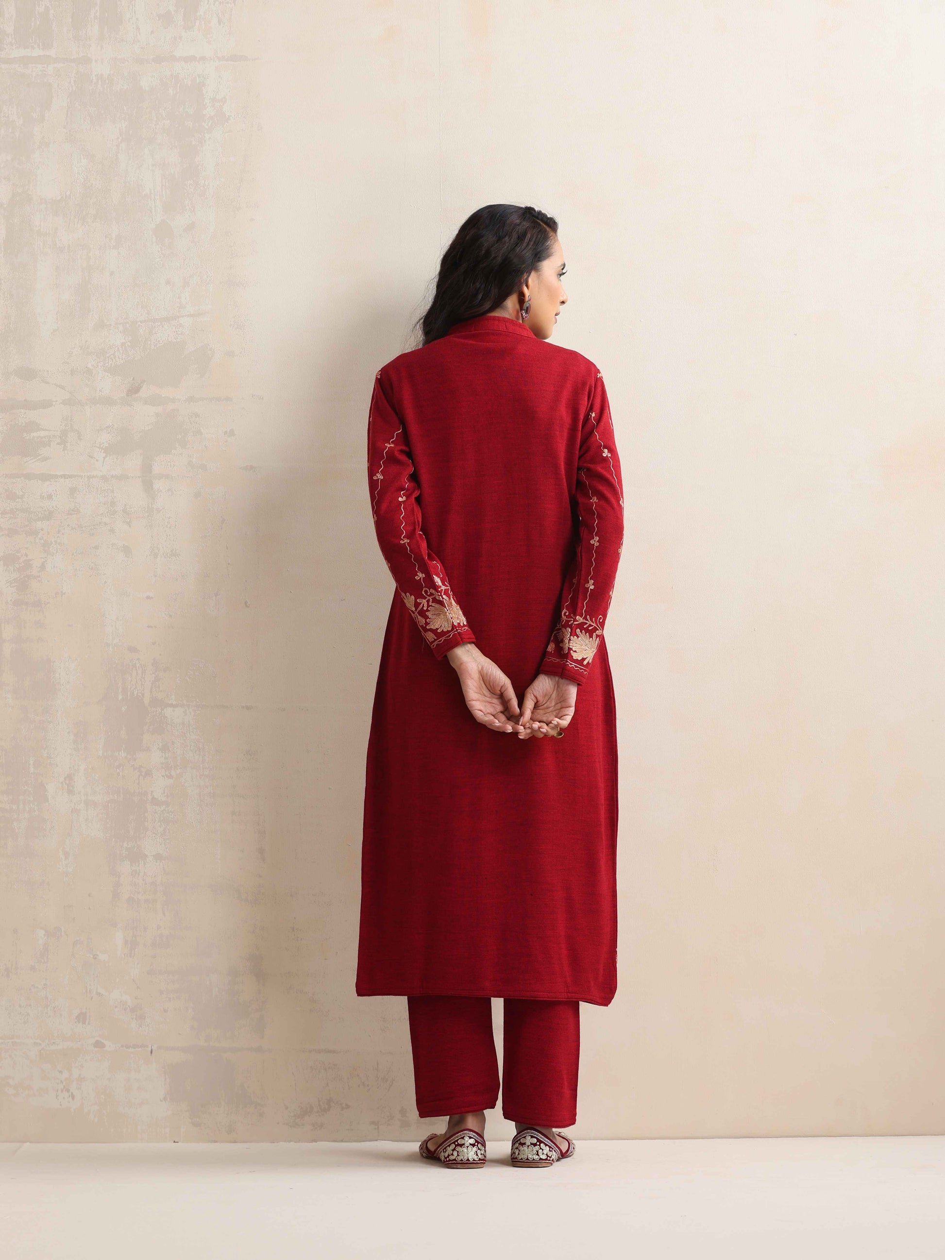 trueBrowns Red Kashmiri Woollen Jacket 3pc Set | Swadesiicart