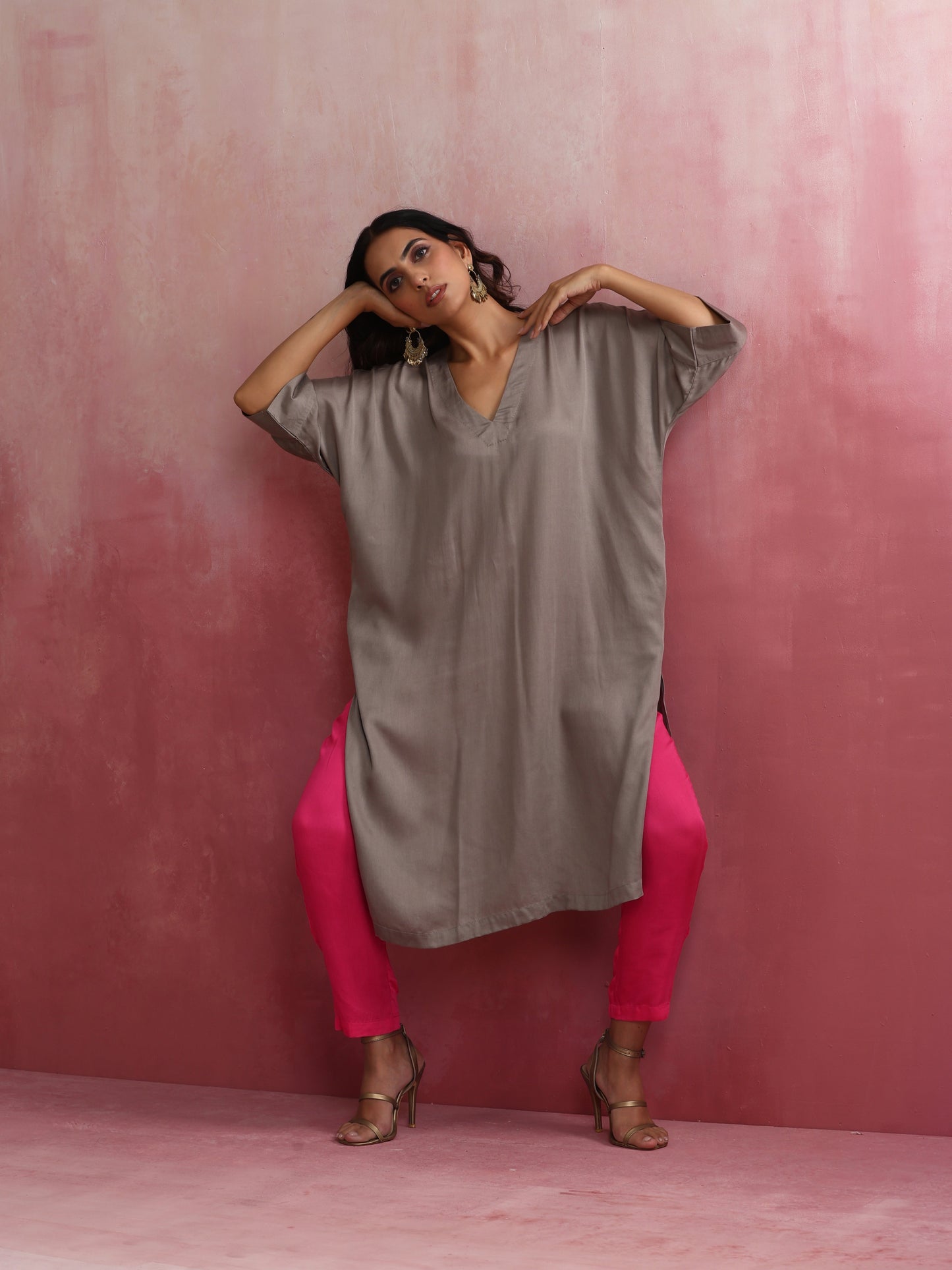 trueBrowns Grey Modal Kimono Kurta Set | Swadesiicart